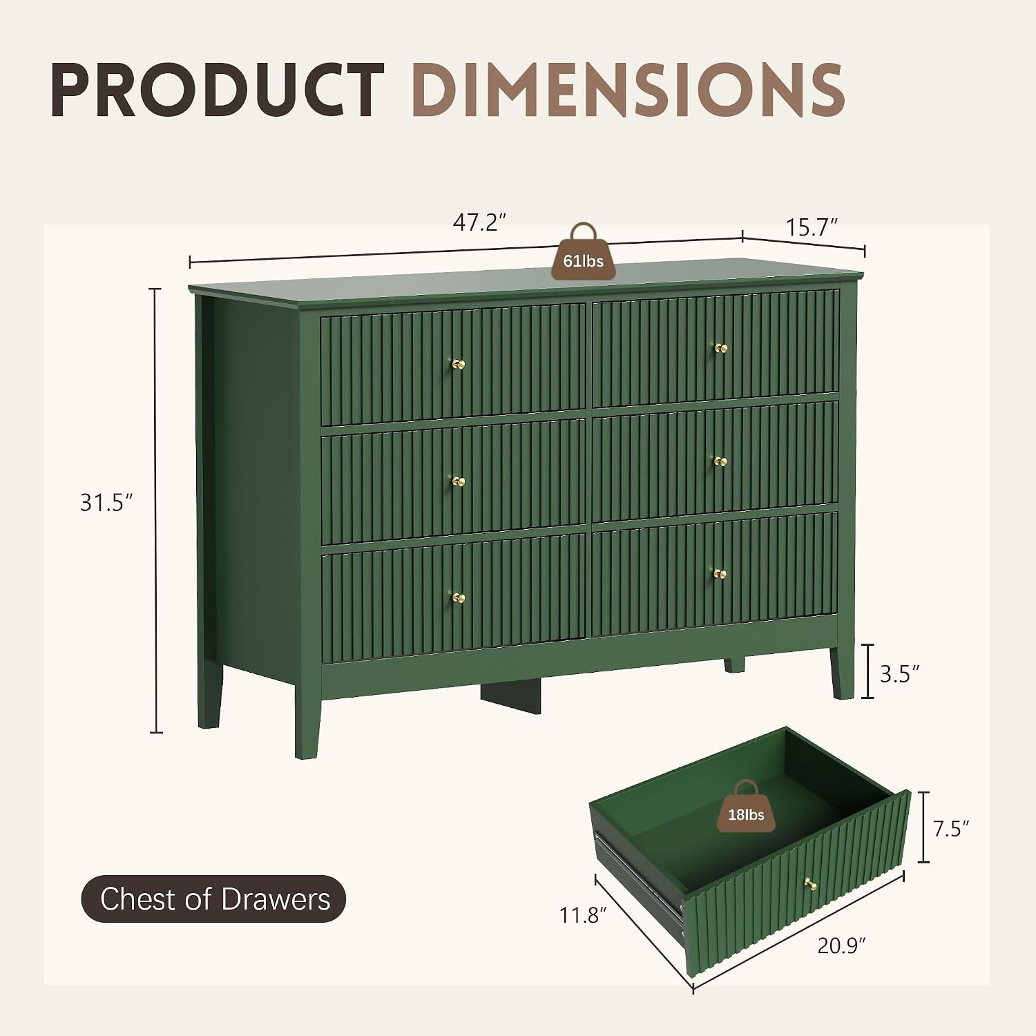 Green Dresser for Bedroom, 6 Drawers Fluted Chest of Drawers with Storage, Modern 47'' Wide Dresser with Paint Design, Wood Drawer Organizer Dressers for Entryway, Hallway