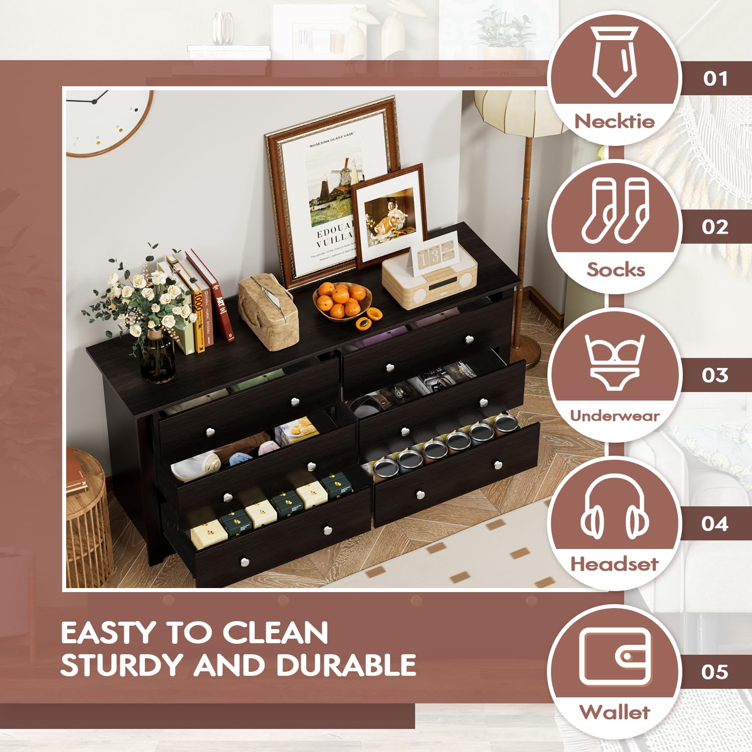 YESHOMY Black Dresser for Bedroom with 6 Drawers, 47.2' Wide Modern Chest of Drawers, Wooden Dresser, Storage Organizer for Living Room, Hallway