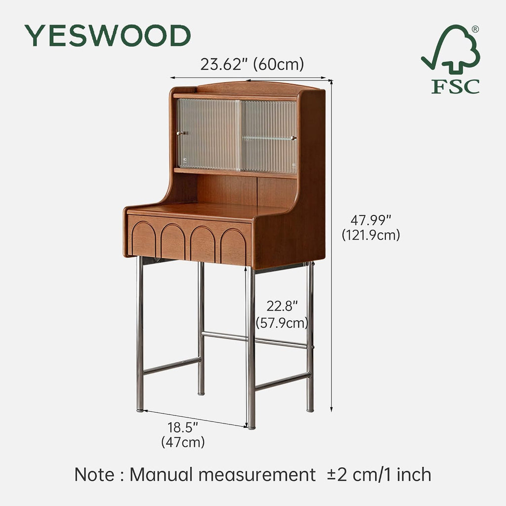 YESWOOD Vanity Desk with Extendable LED Mirror, Solid Rubber Wood Small Makeup Table for Girls, Vanity Set with Light for Bedroom, Bathroom, Teak Color, No Chair