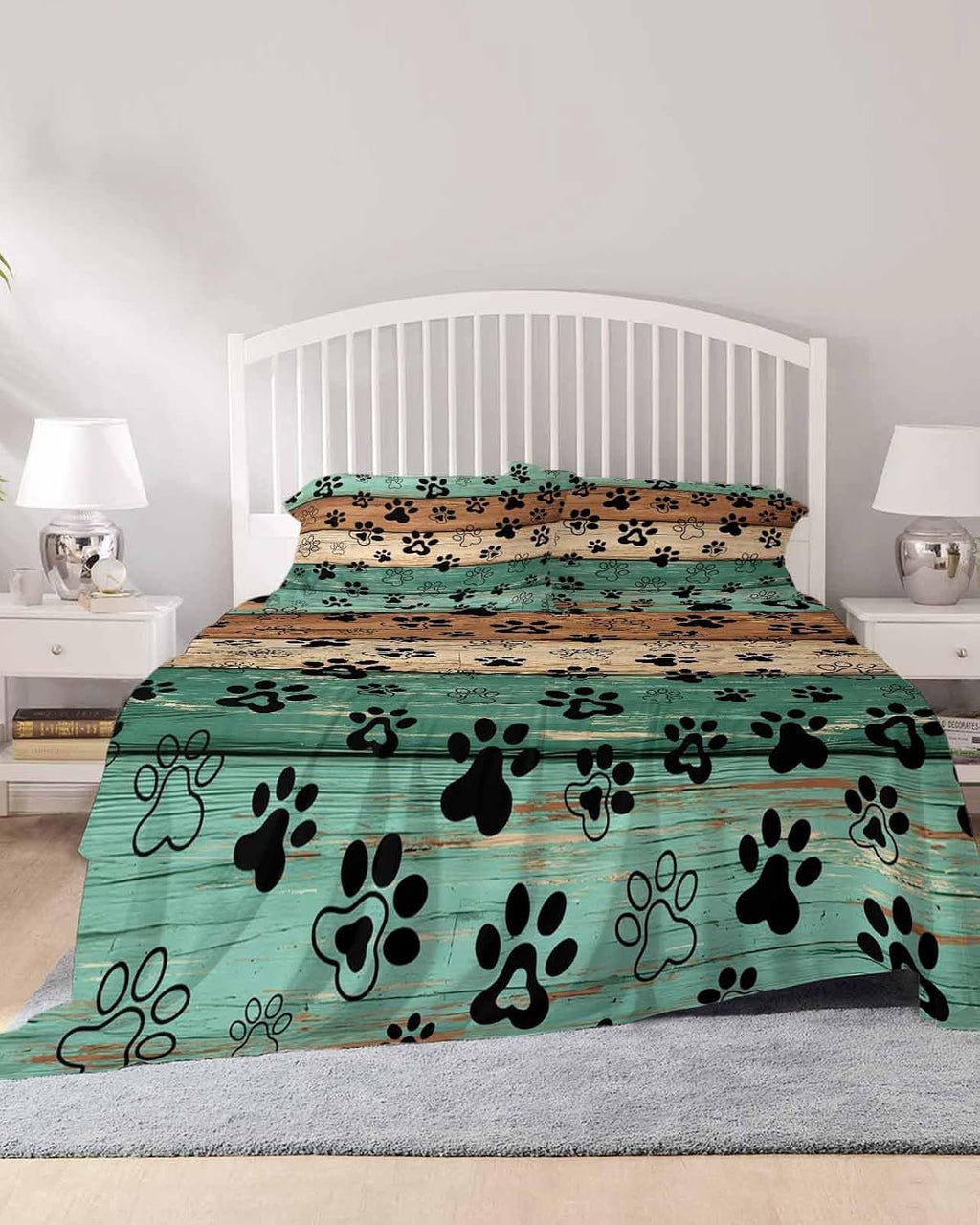 Teal Green Brown Cal King Sheet Set 4 Piece Bedding - Farmhouse Dog Paw Vintage Breathable Comfy Cooling Bed Sheets & Pillowcase Sets, Hotel Luxury Flat Sheets Deep Pockets Fitted Sheet for Women Men
