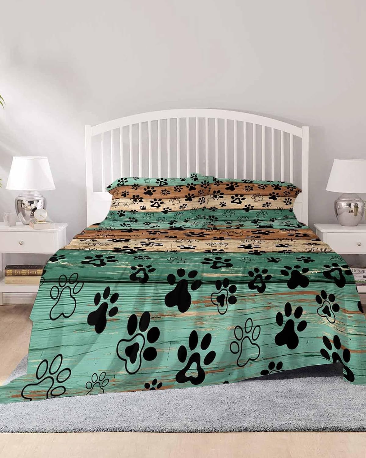 Teal Green Brown Cal King Sheet Set 4 Piece Bedding - Farmhouse Dog Paw Vintage Breathable Comfy Cooling Bed Sheets & Pillowcase Sets, Hotel Luxury Flat Sheets Deep Pockets Fitted Sheet for Women Men