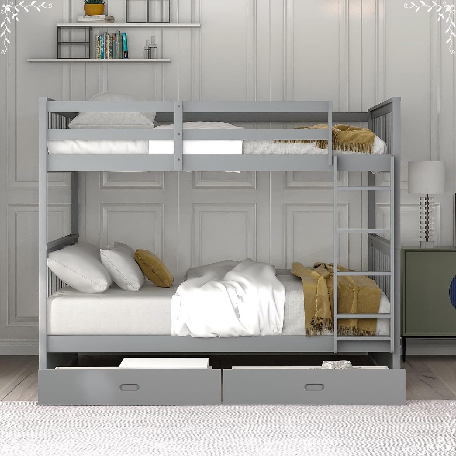 Bed Frames for Kids, Grey Bedding Set Full Over Full with 2 Drawers Ladder and Rail Guard Solid Wood Slats Bunk Bed for Boys and Girls Bedroom