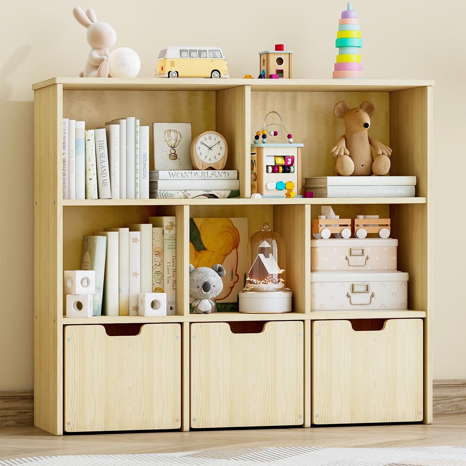 EXPERLAM Solid Pine Wood Toy Storage Organizer, Kids Bookshelf and Toy Organizer with 3 Rolling Drawers, 5 Storage Cubes, Montessori Playroom Storage Cabinet, Burlywood