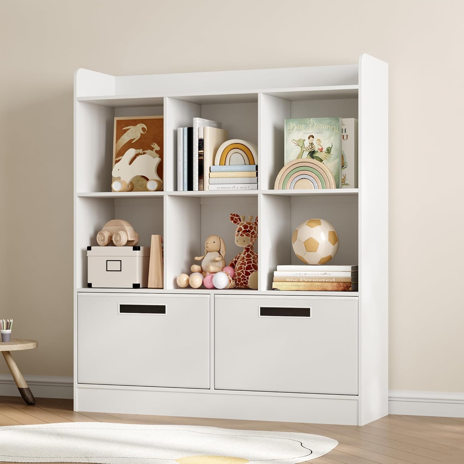 Housoul 8 Cube Kids Bookshelf with Fabric Drawers, 3-Tier Wooden Open Shelf Bookcase, Freestanding Book Shelves, Kids Bookcase Cubby Storage Organizer for Living Room, Office, White