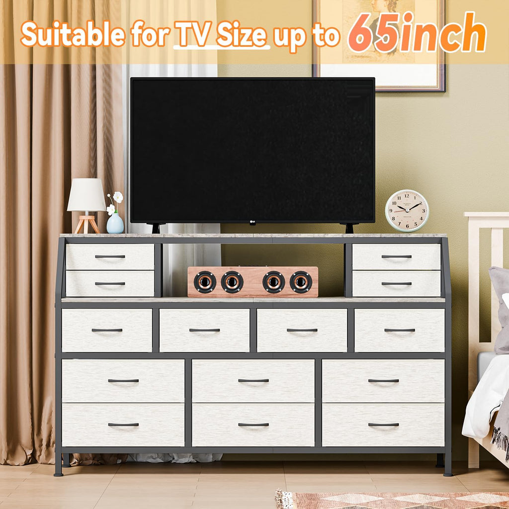 Dresser for Bedroom, 55' TV Stand with 14 Drawers, Long Dresser & Chests of Drawers with Shelves & Sturdy Metal Frame & Wood Top (Greige)