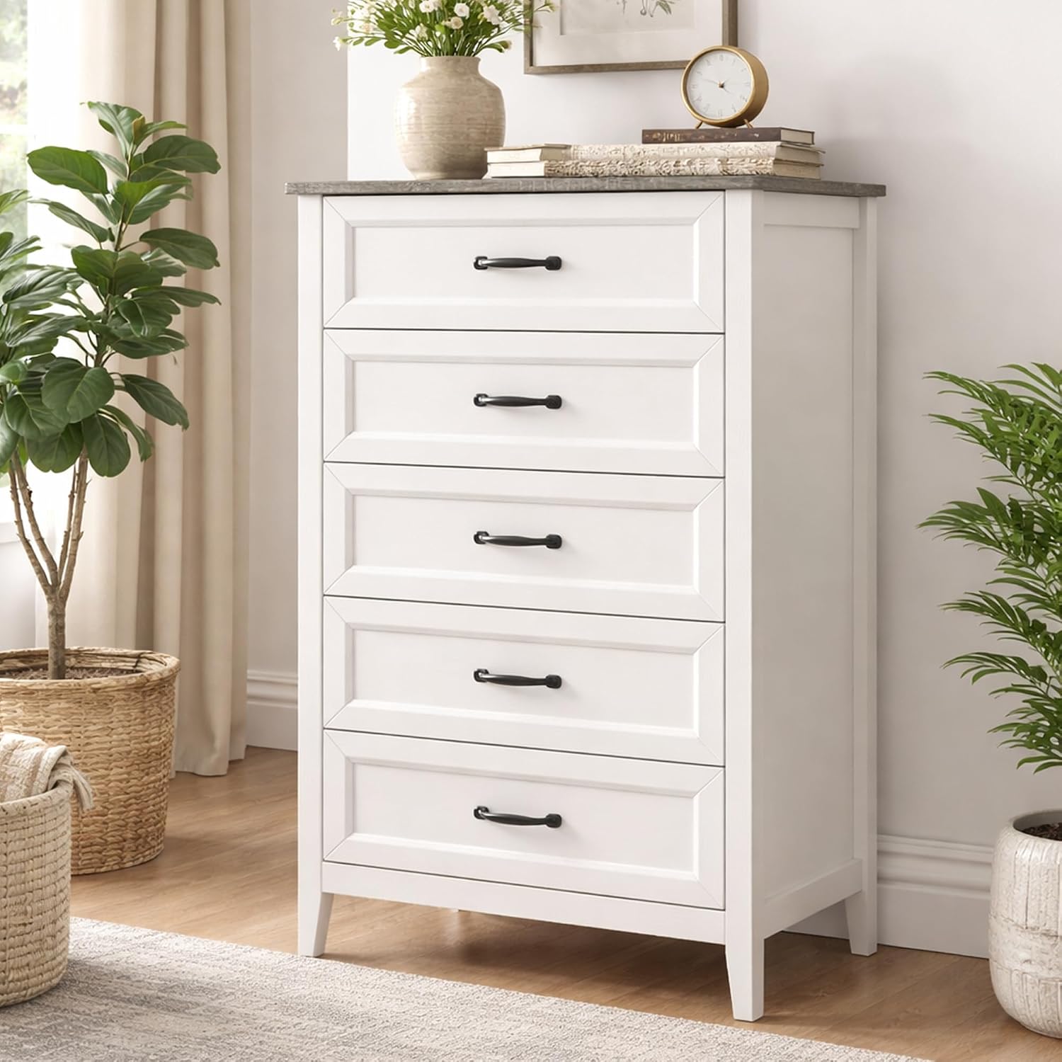 Gizoon 5 Drawer Dresser, 44.8' H Wood Chest of Drawers, White Dresser for Bedroom, with Smooth Rail, Metal Handles, Anti-tip Device, Modern Chest, for Living Room, Hallway, Black