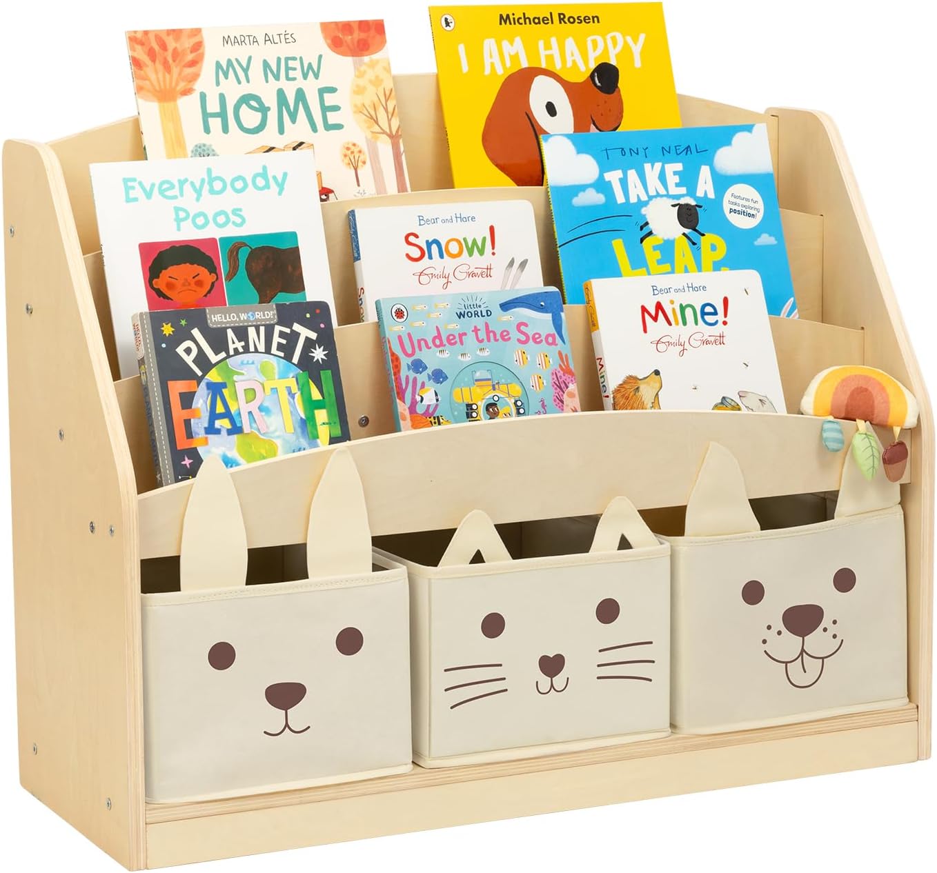 OOOK 3-Tier Kids Bookshelf with 3 Removable Fabric Storage Bins, Front Facing Toddler Montessori Bookshelf, Wooden Bookshelves for Kidsroom, Classroom, Playroom, Nursery