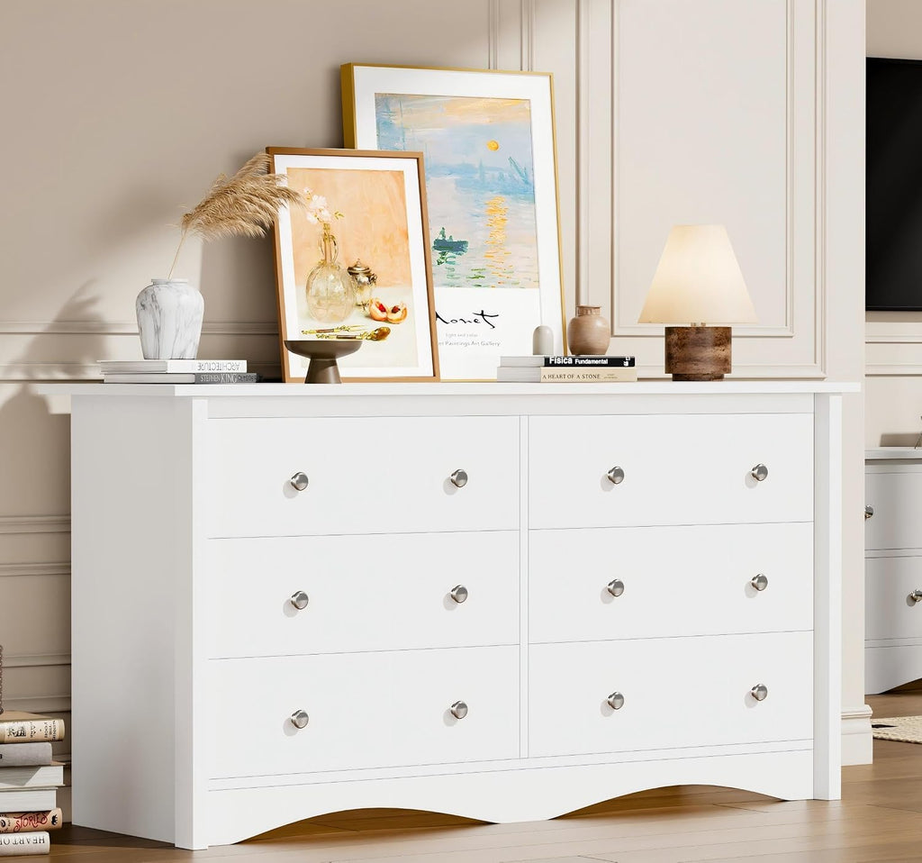 Flamaker Dresser for Bedroom, 6 Drawer Dresser, 47.2'' Wood Dressers, Wide Chest of Drawer, Storage Drawers, Storage Organizer for Closet, Hallway (White)