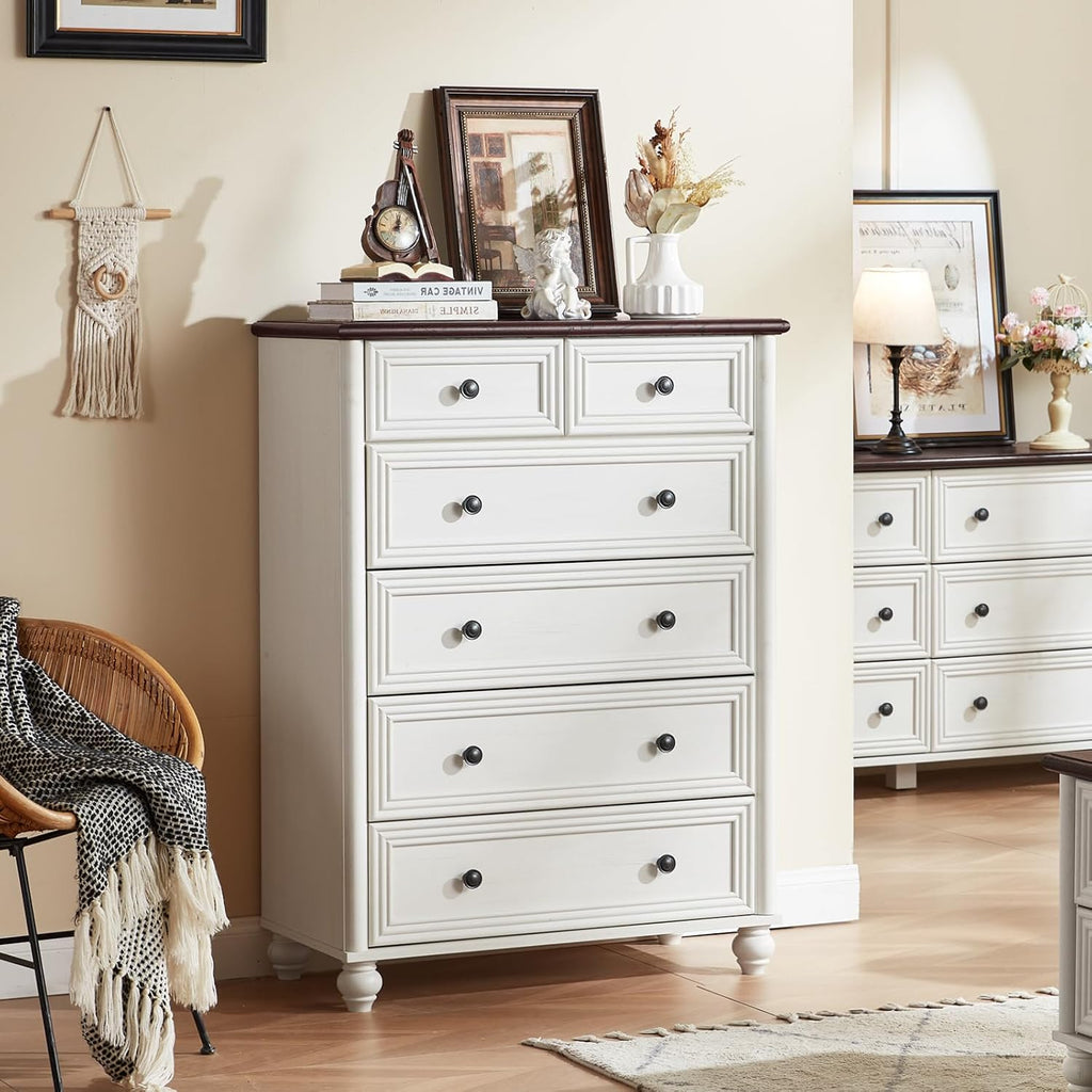 Farmhouse Dressers & Night Stand Set of 4, Wood 54' Wide 6 Drawer Dresser & 43.5' Tall Chest of Drawers, 18'Roman Column Nightstand Set of 2, Bedroom Furniture Dresser Set for Home Living Room Hallway