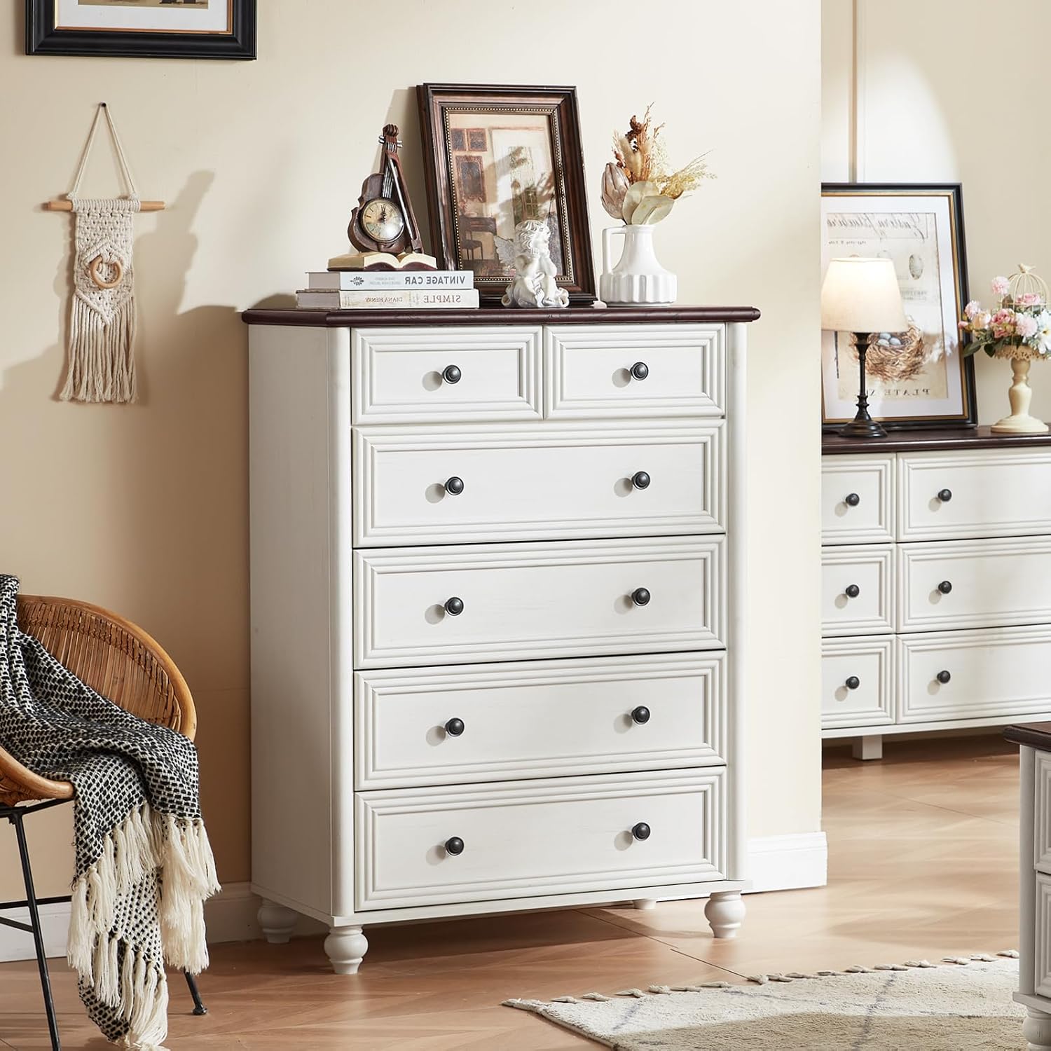 Farmhouse Dressers & Night Stand Set of 4, Wood 54' Wide 6 Drawer Dresser & 43.5' Tall Chest of Drawers, 18'Roman Column Nightstand Set of 2, Bedroom Furniture Dresser Set for Home Living Room Hallway