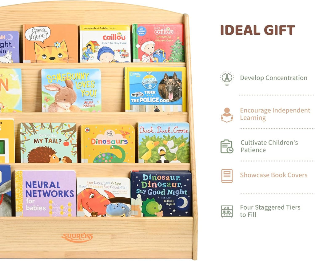 Montessori Bookshelf, 4 Tier Kids Bookshelf – Safe, Sturdy, and Easy to Clean, Premium Wooden Book Shelf for Kids Rooms, Playroom, Classroom, Nursery（31-1/2' D x 11-4/5' W x 31-1/2' H）