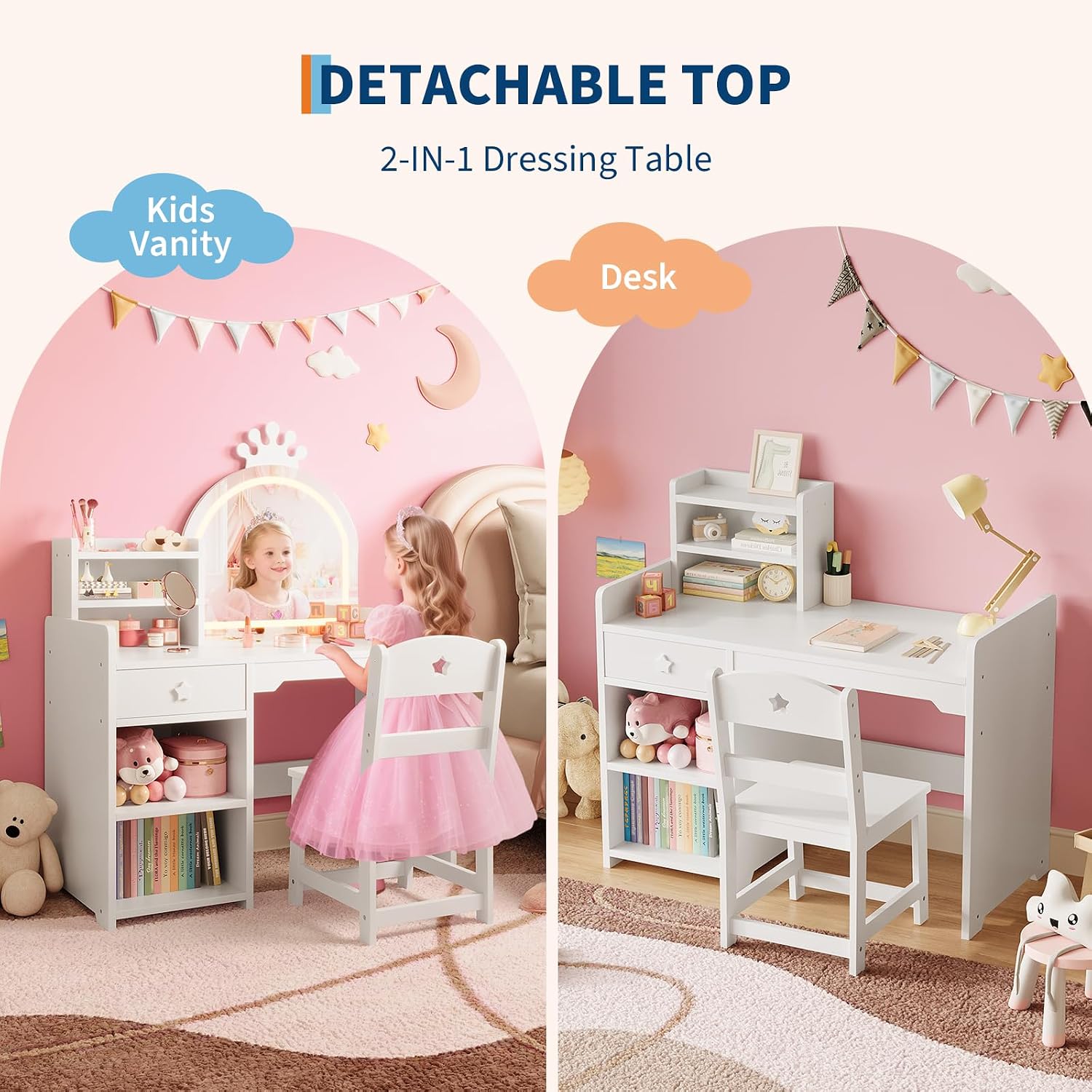 Garvee Kids Vanity with Lights, 2 in 1 Princess Makeup Vanity Desk with Open Bookshelf, Storage Cabinet & Shelves for Little Girls