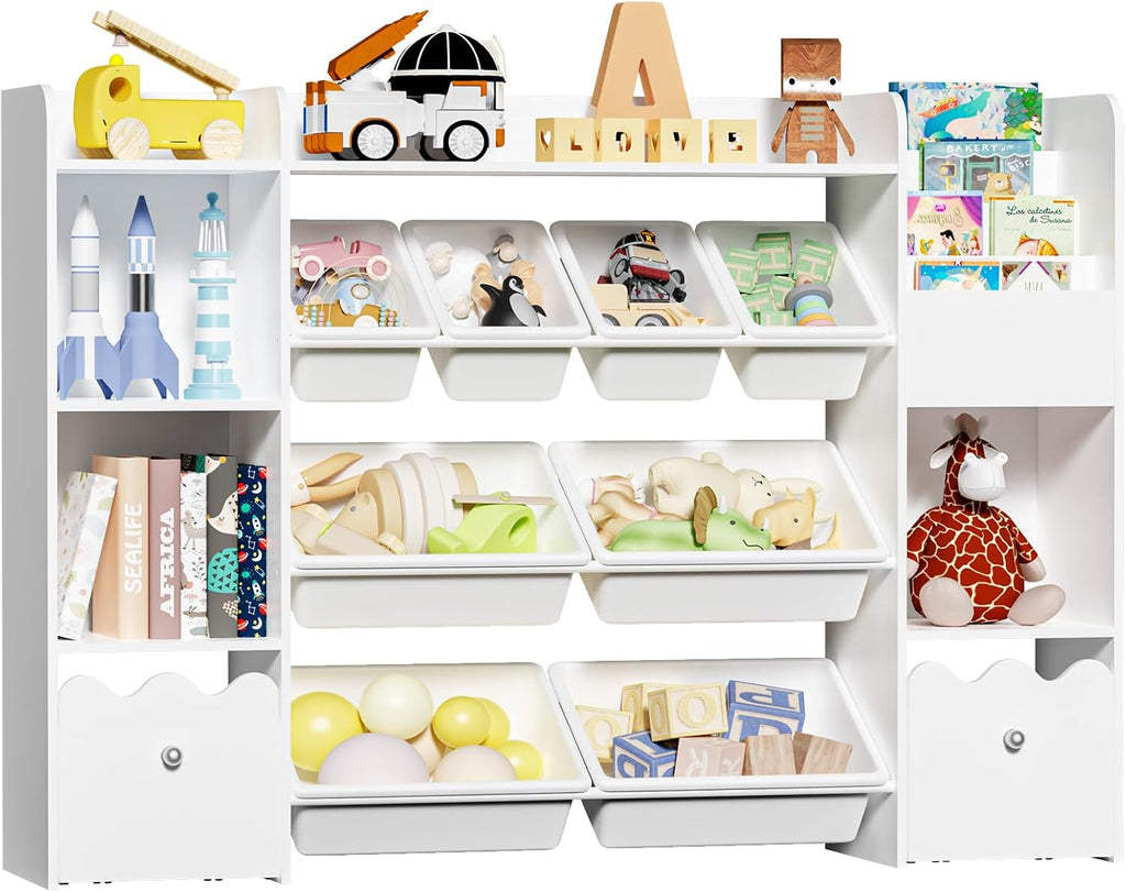 HOMMPA 55' W Kids Toy Storage Organizer with 2 Movable Drawer 4-Tier Bookshelf for Kids Children's Organizer Cabinet with 8 Toy Bins for Playrooms, Classroom and Nurseries,White