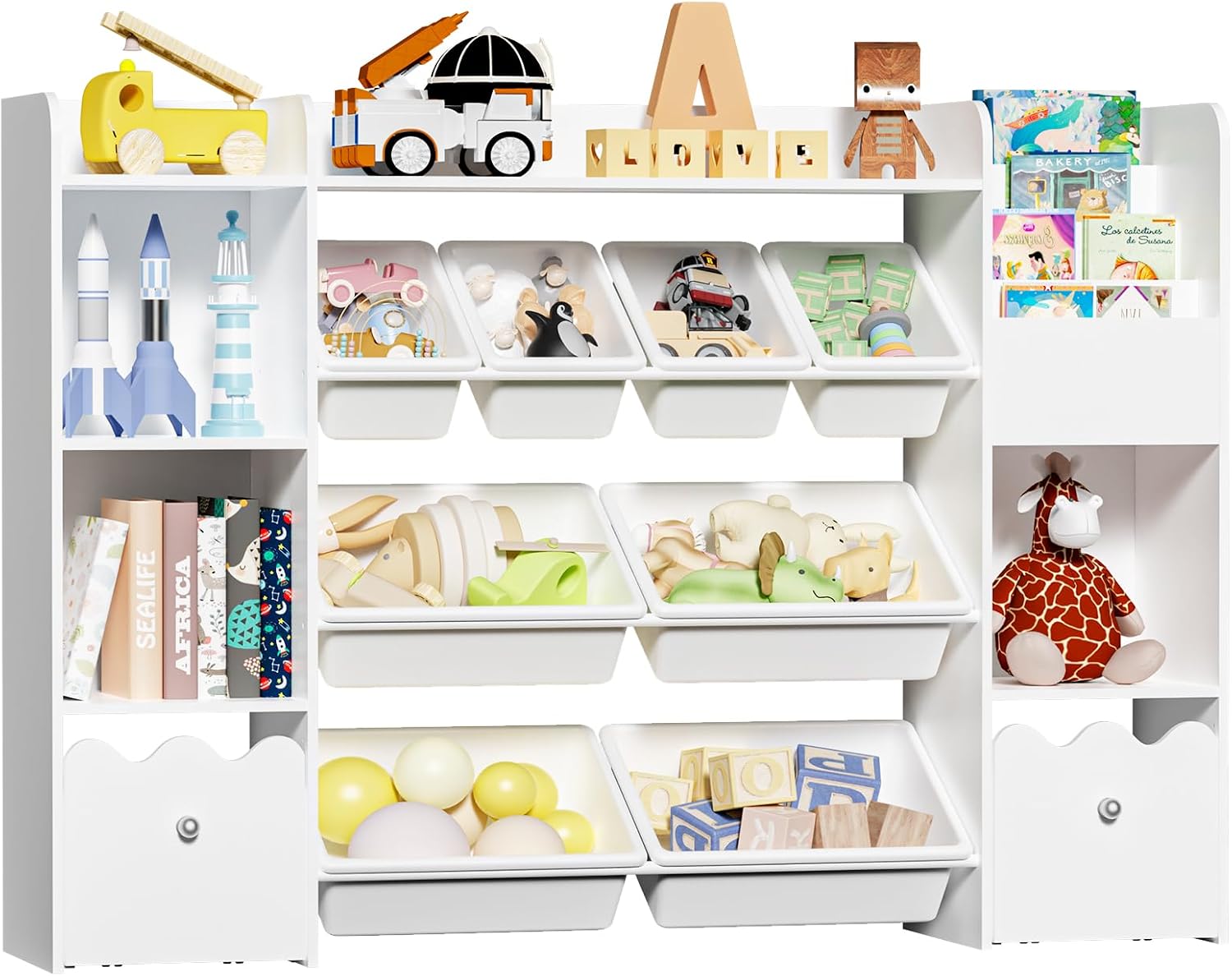 HOMMPA 55' W Kids Toy Storage Organizer with 2 Movable Drawer 4-Tier Bookshelf for Kids Children's Organizer Cabinet with 8 Toy Bins for Playrooms, Classroom and Nurseries,White