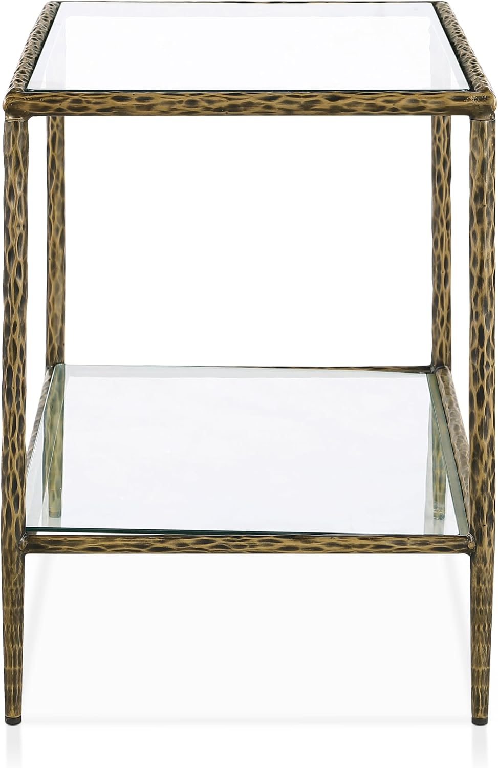 24/7 Shop at Home Lalia Hammered Metal 3-Piece Bedroom Collection, Upholstered Bed Frame with Beige Fabric Headboard, Forged Steel, Bench and 1-Shelf Nightstand, Foundation Required, Full, Matte Gold