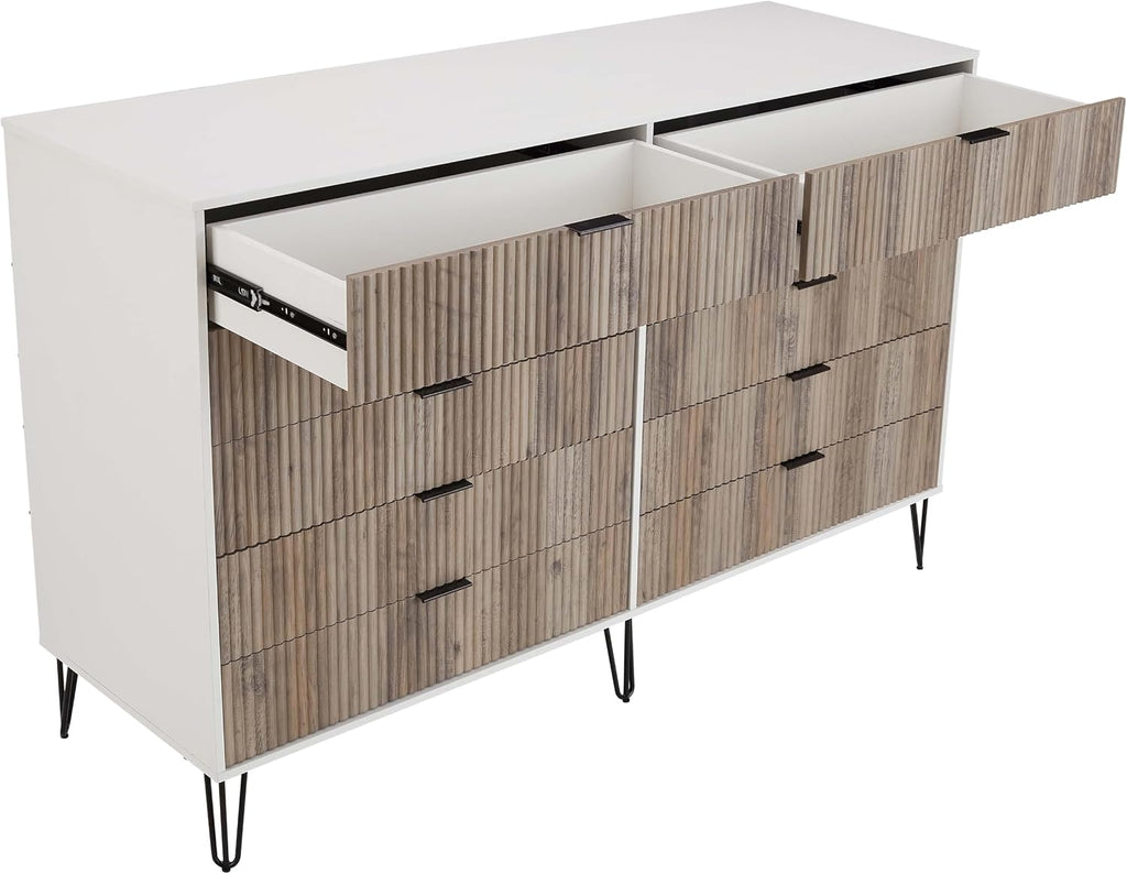 Manhattan Comfort Dumbo 3-Piece Modern Dresser Drawer and Nightstand Set, Tall and Double - Vertical Ribbed Design - No Tool Assembly Storage for Bedroom & Living Room, White/Grey