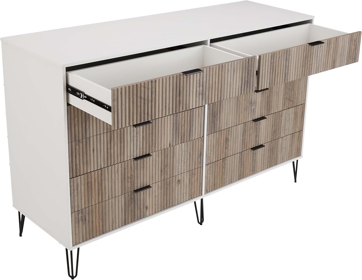 Manhattan Comfort Dumbo 3-Piece Modern Dresser Drawer and Nightstand Set, Tall and Double - Vertical Ribbed Design - No Tool Assembly Storage for Bedroom & Living Room, White/Grey