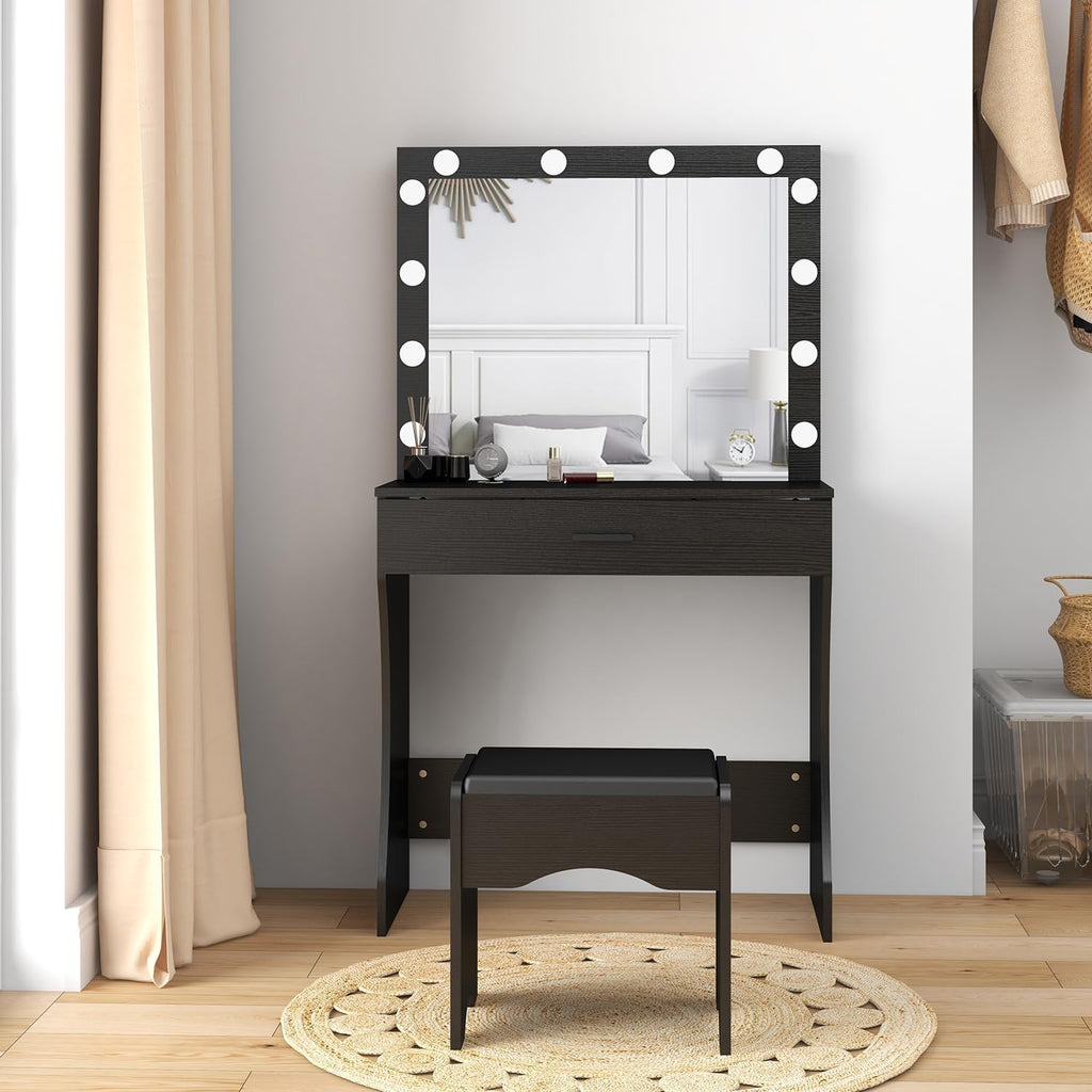 Panana Vanity Desk with Mirror and Lights, Black, Medium Size, Tabletop Mount, Makeup Vanity Table with Stool, Bedroom