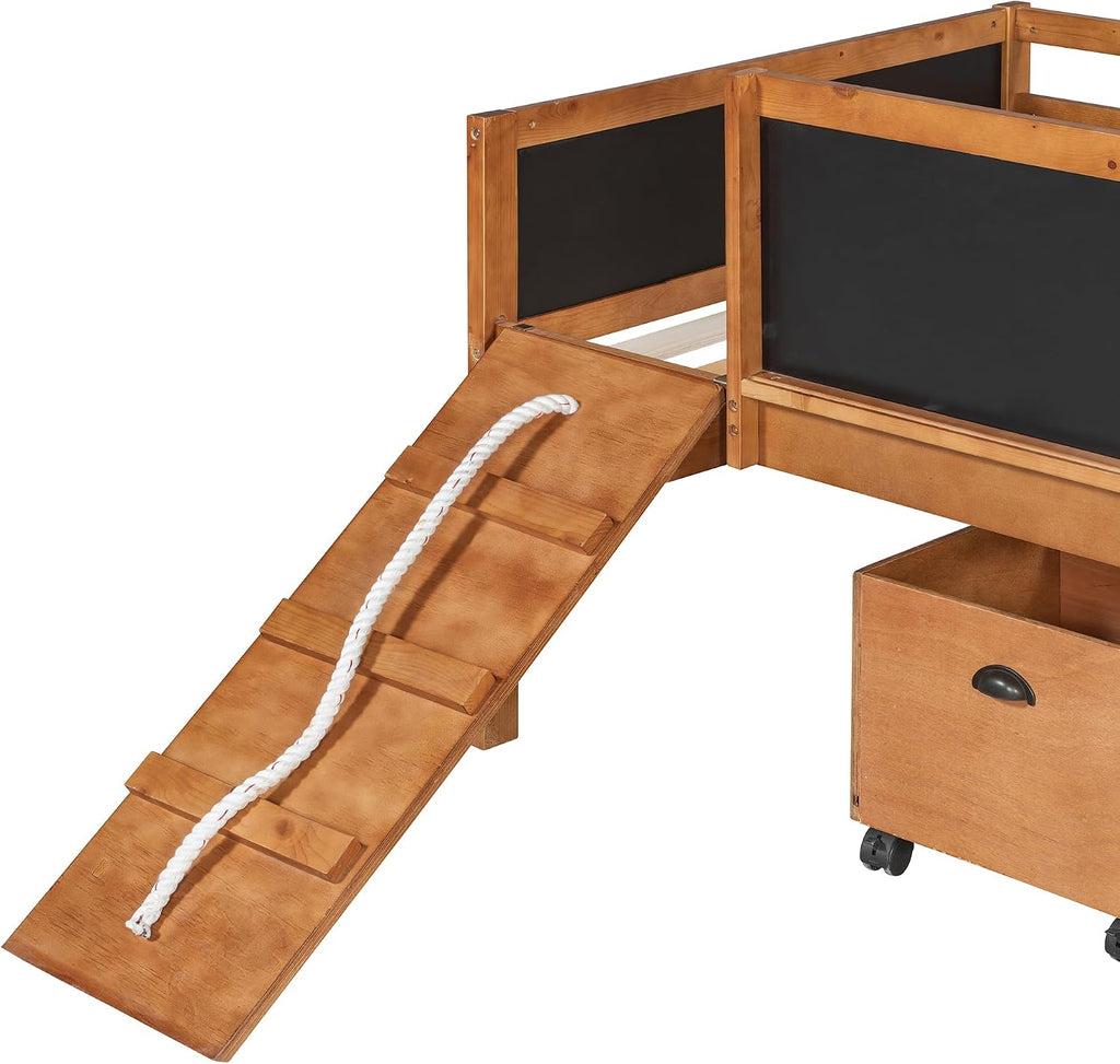 JIVOIT Twin Size Low Loft Bed with Climbing Frame & Rope, Wood Loft Bed Frame with Two Storage Boxes, Slide and Double-Sided Chalkboard, Pine Wood Bed Frame for Teens (Natrual+Rope)