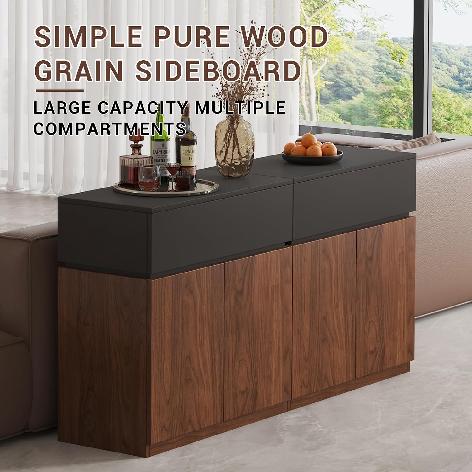63' Mid-Century Modern Buffet Cabinet Sideboard with Storage, Credenza with Drawers & Doors, Adjustable Shelves & Thickened Back Panel, Coffee Bar Console Table for Dining Room Living Room Kitchen