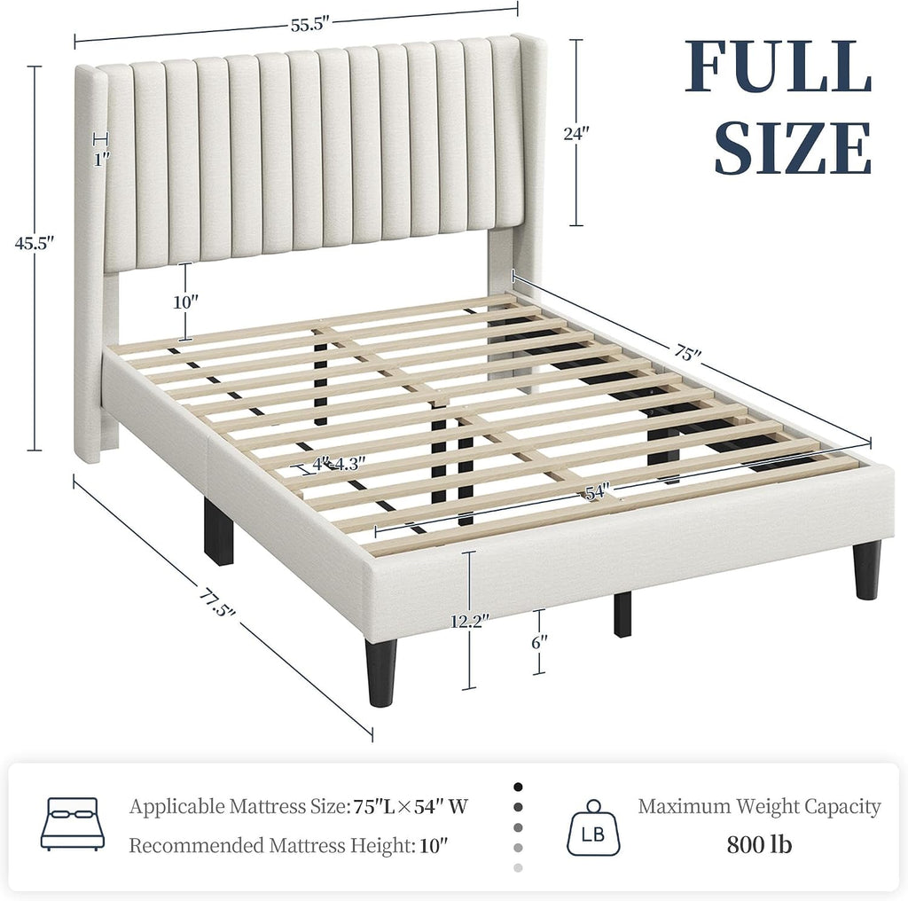 Yaheetech Full Bed Frame Upholstered Platform Bed with Fabric Headboard, Wing Edge Design/Non-Slip and Noise-Free/Wooden Slats Support/No Box Spring Needed/Easy Assembly, Ivory Full Bed