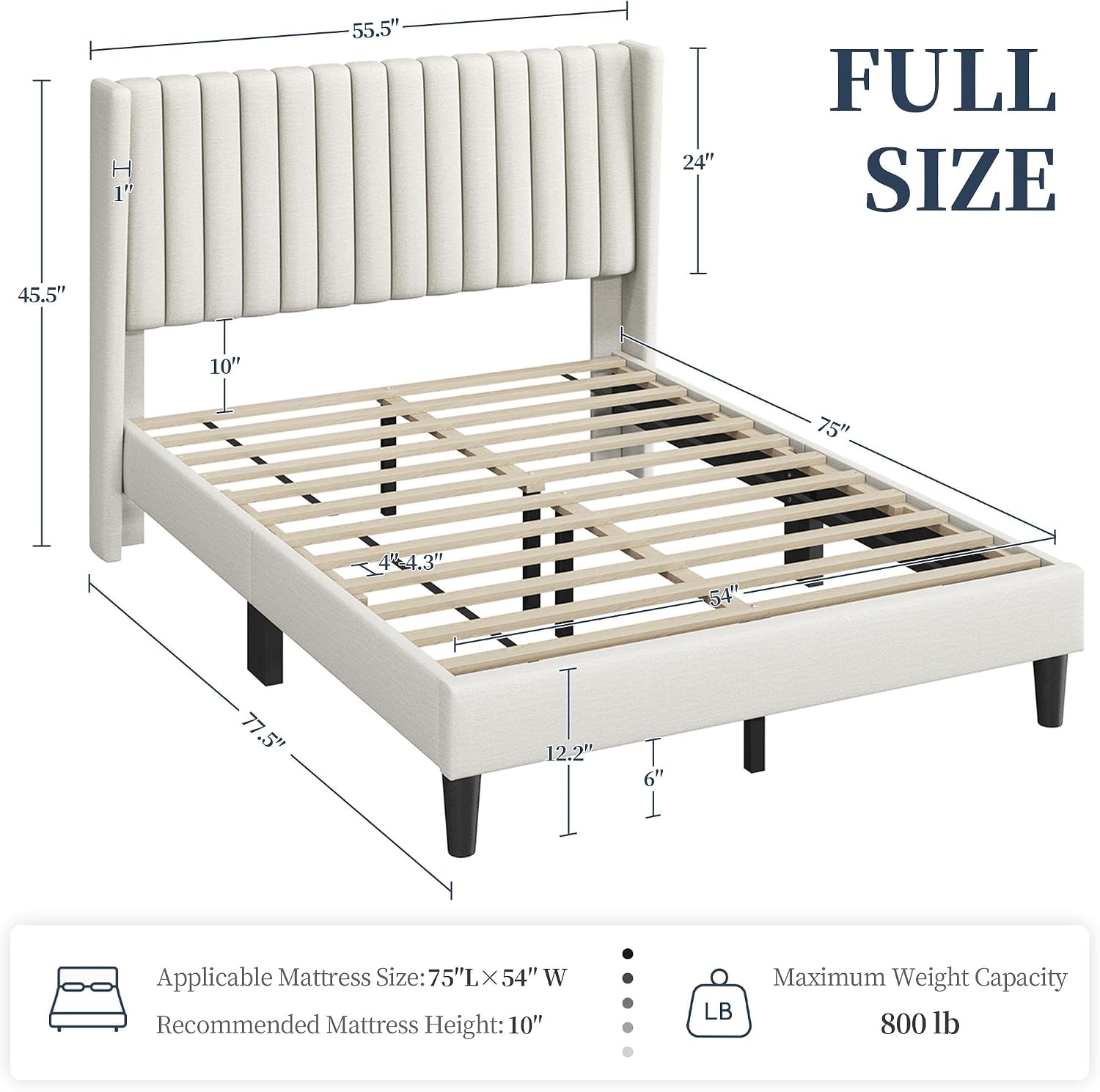 Yaheetech Full Bed Frame Upholstered Platform Bed with Fabric Headboard, Wing Edge Design/Non-Slip and Noise-Free/Wooden Slats Support/No Box Spring Needed/Easy Assembly, Ivory Full Bed