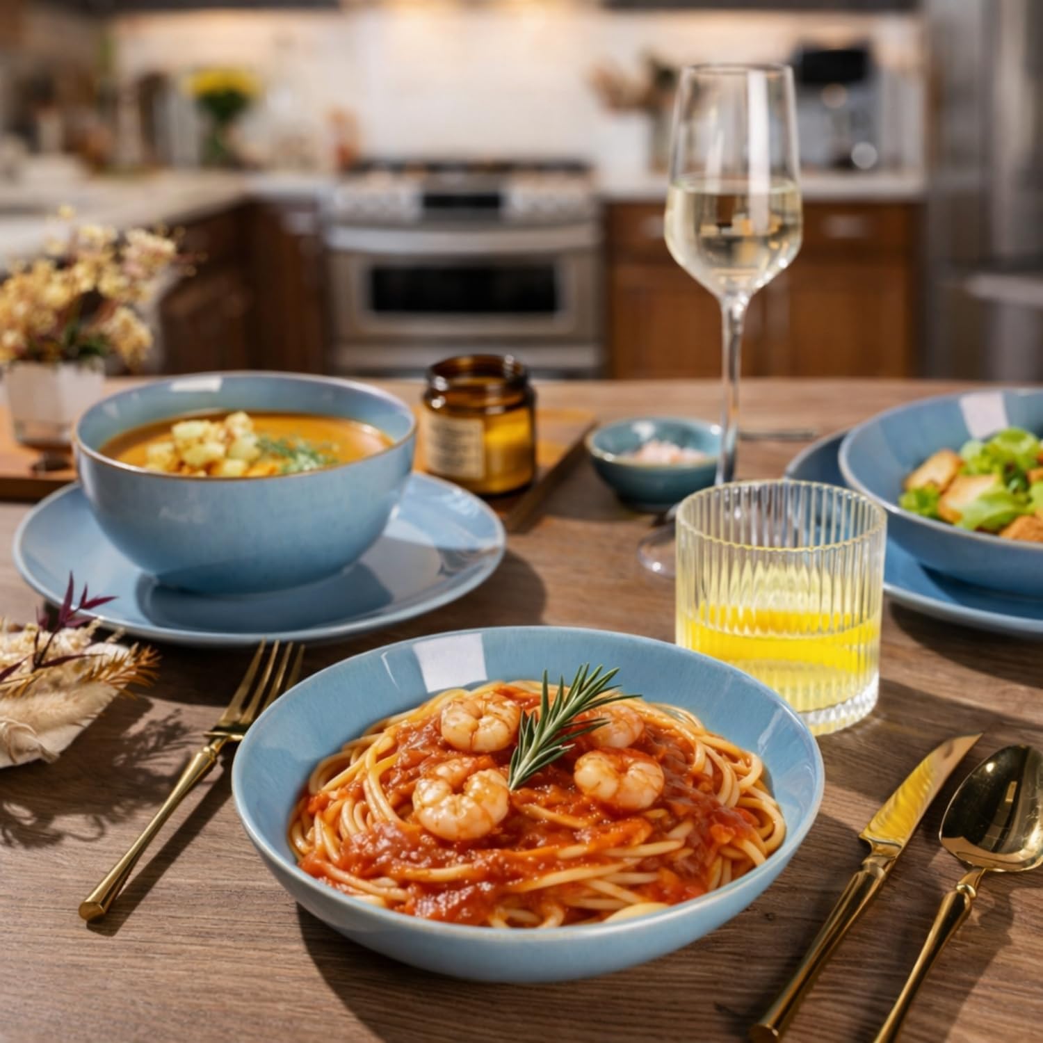 GBHOME Dinnerware Sets with Double Bowls for 6, 24 Pieces Stoneware Plates and Bowls Set, Scratch Resistant Ceramic Dishes Set, Dishwasher & Microwave Safe-Alaskan Blue
