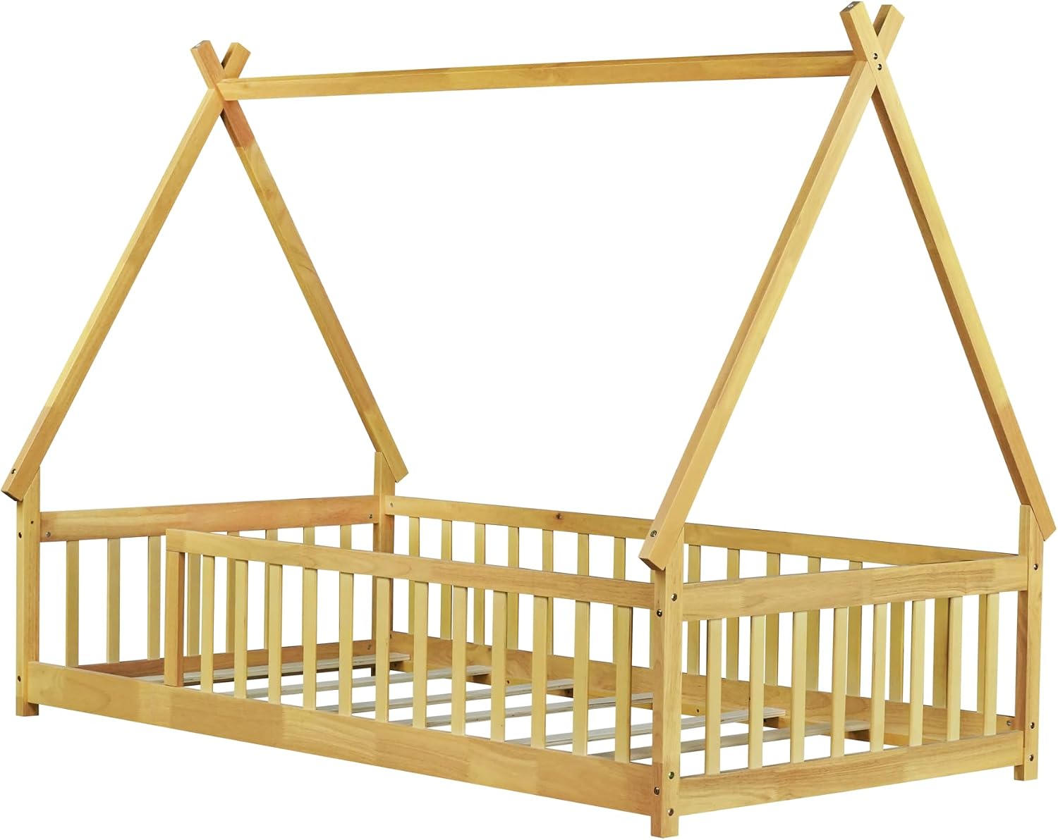 Twin Size Tent Floor Bed for Kids,Teepee Montessori Floor Bed with Fence and Slats for Girls Boys,Natural