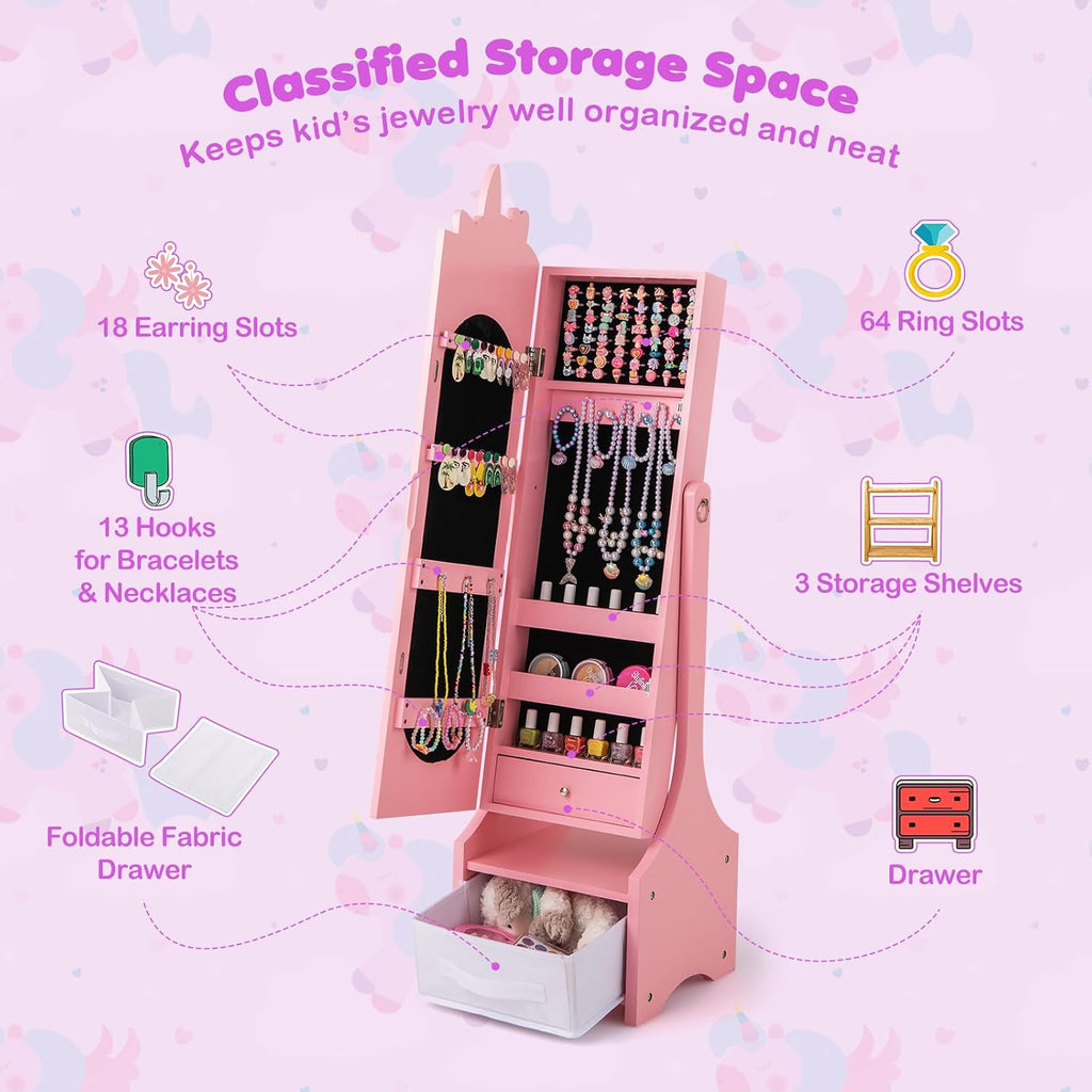 GLACER Kids Vanity & Kids Jewelry Armoire, Princess Little Girls Vanity, Standing Children Jewelry Organizer w/Full-Length Mirror & Foldable Drawers, Adjustable Angles, Kids Bedroom Set (Pink)