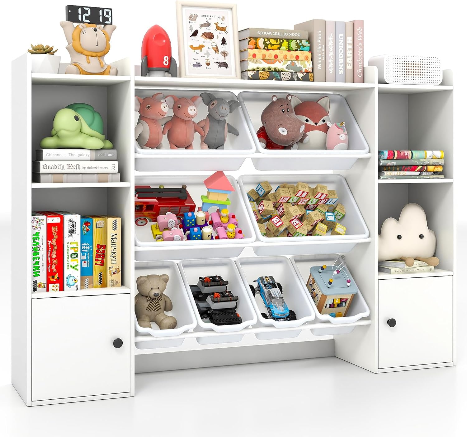 Costzon Kids Toy Storage Organizer w/ 8 Bins, Wooden Toddler Bookcase w/Open Shelves & Cabinet, Multifunctional Toy Storage Cabinet for Kids Room, Nursery & Playroom