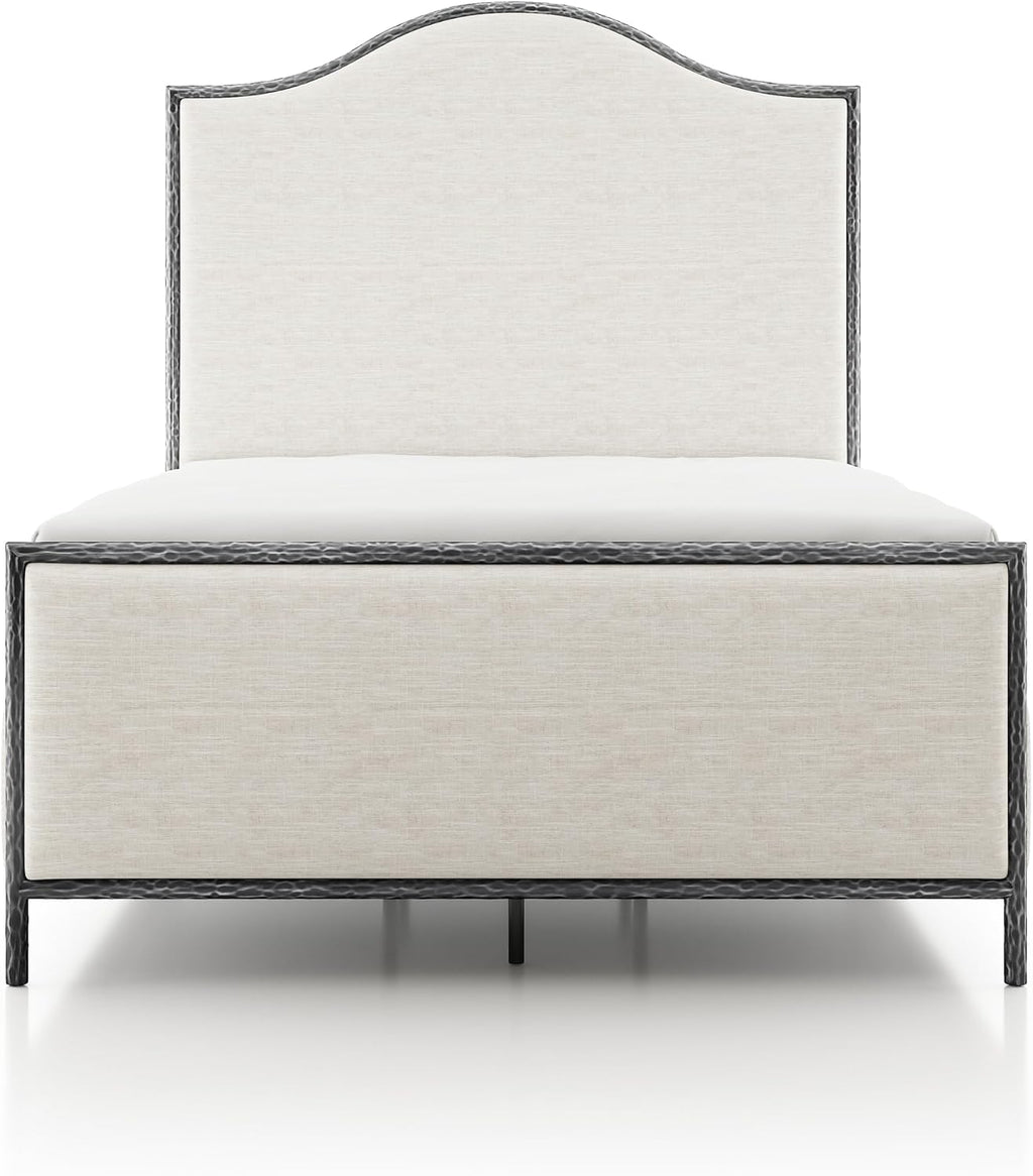 24/7 Shop at Home Lalia Hammered Metal 4-Piece Bedroom Collection, Upholstered Bed Frame with Camelback Headboard, Forged Steel, Bench and Curved Nightstands, Foundation Required, Full, Matte Grey