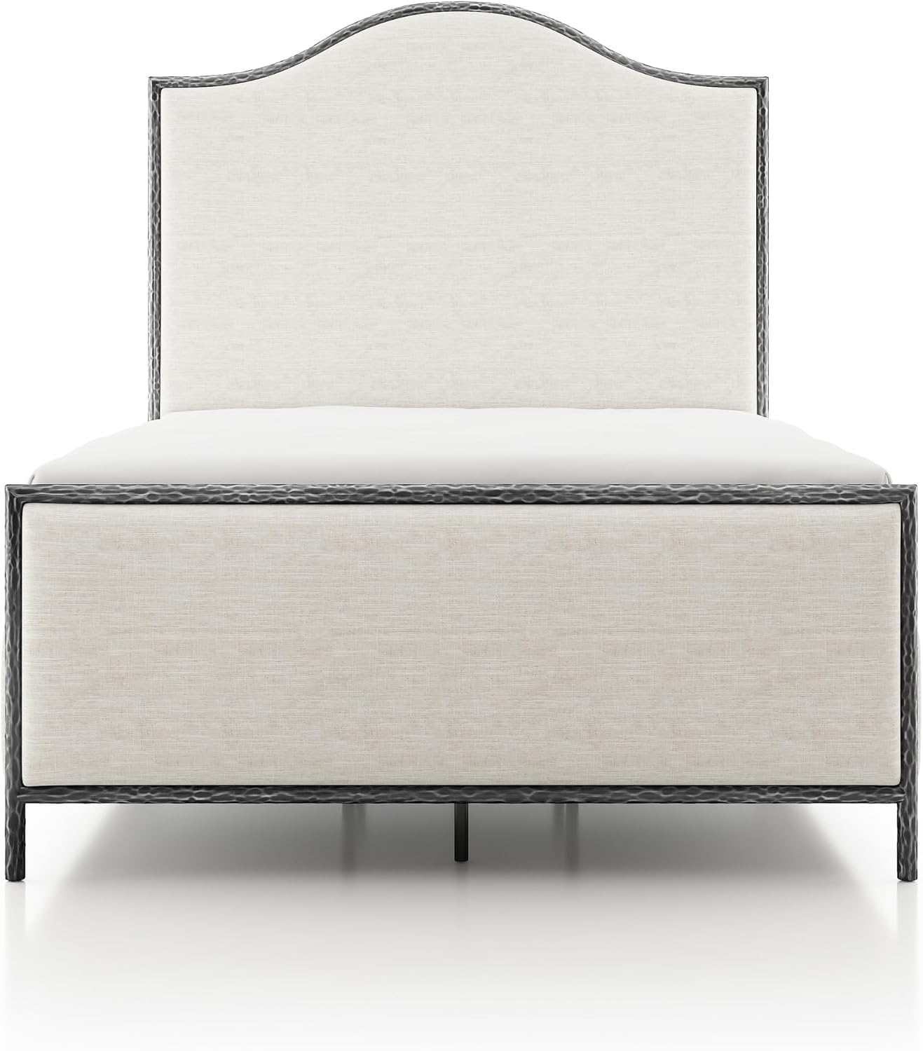24/7 Shop at Home Lalia Hammered Metal 4-Piece Bedroom Collection, Upholstered Bed Frame with Camelback Headboard, Forged Steel, Bench and Curved Nightstands, Foundation Required, Full, Matte Grey