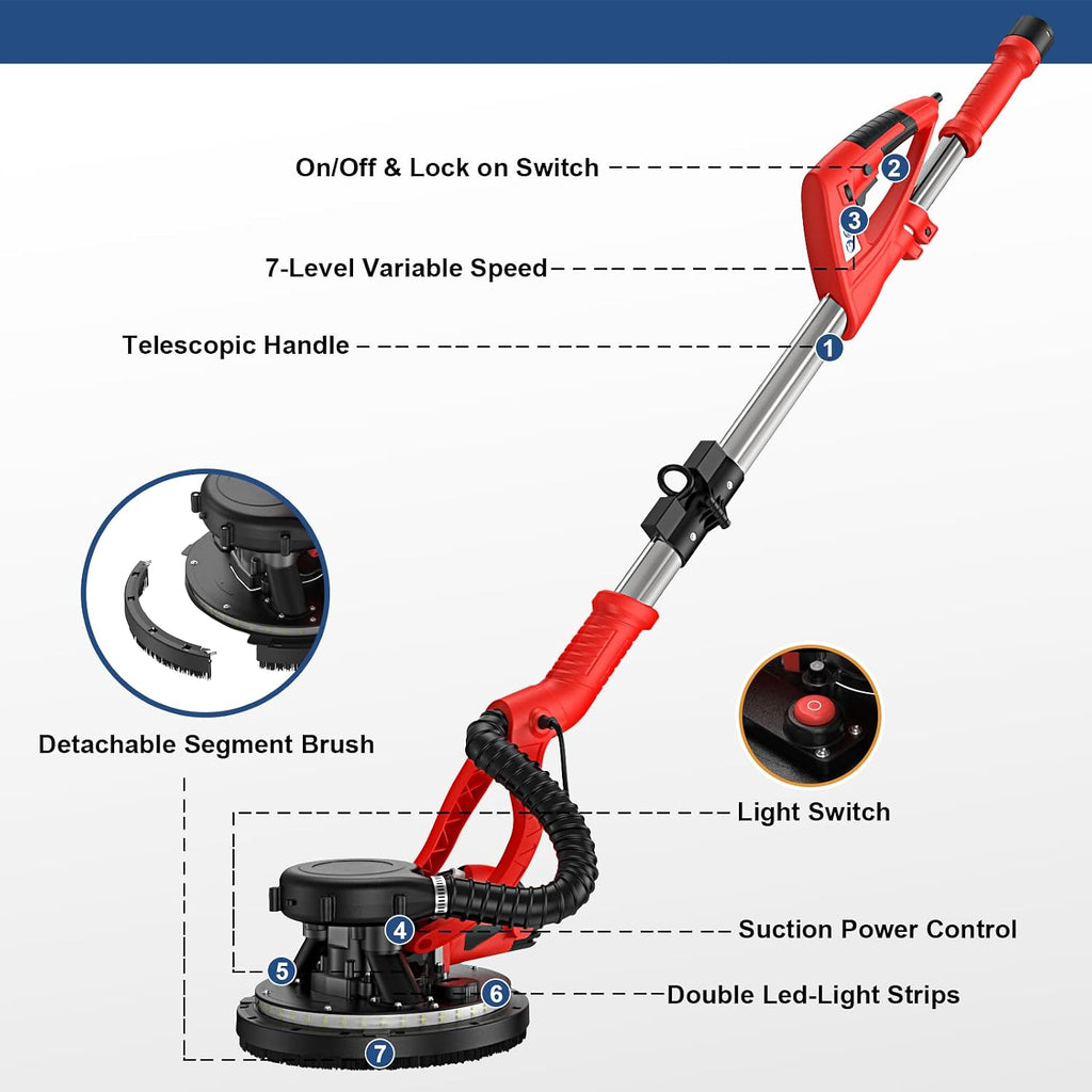 950W 8-Amp Drywall Sander with Vacuum Attachment, Lijadora para Drywall, 7 Variable Speed with Vacuum Dust Collector, Lightweight with 360° Light for Ceilng Floor Plastered Popcorn (Red)
