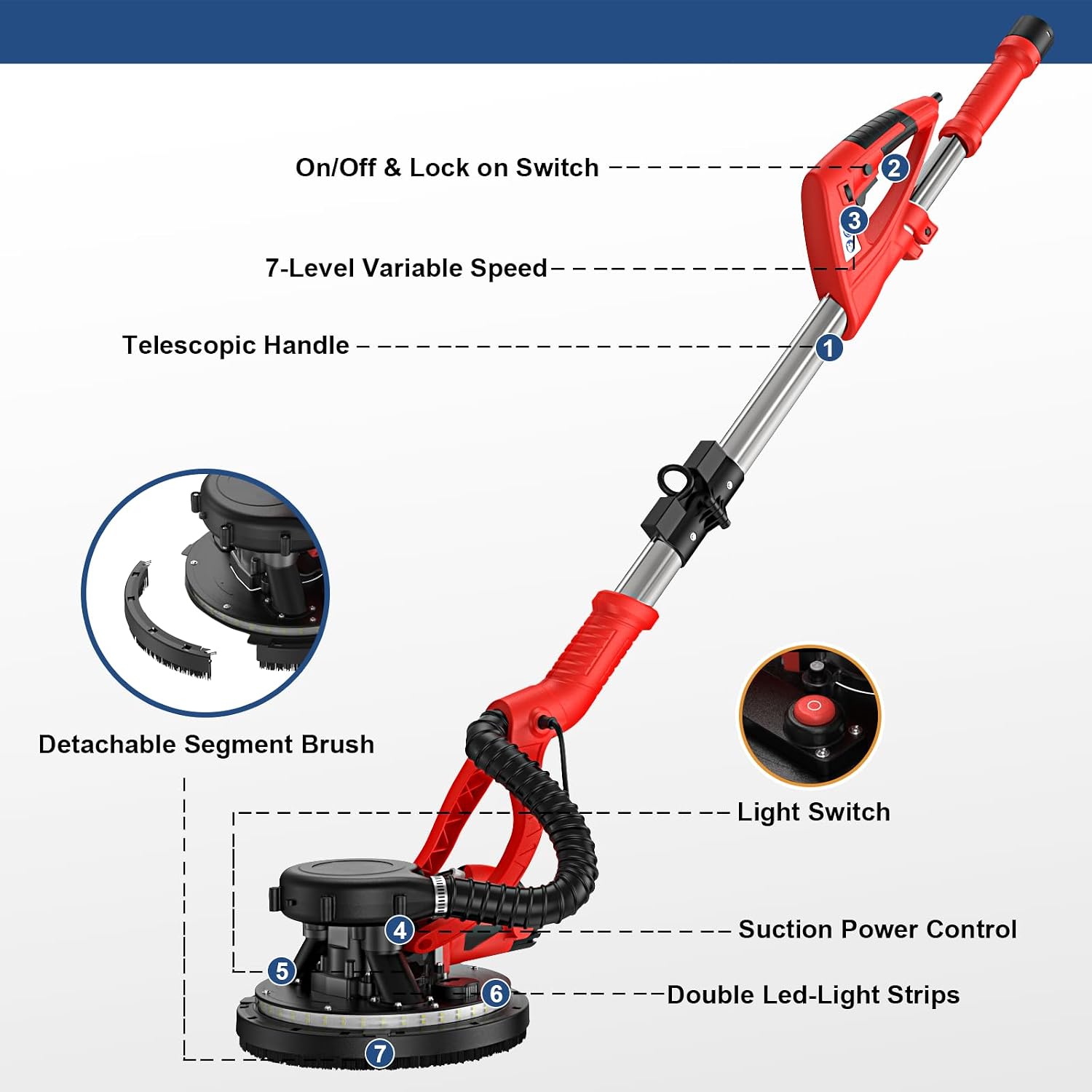 950W 8-Amp Drywall Sander with Vacuum Attachment, Lijadora para Drywall, 7 Variable Speed with Vacuum Dust Collector, Lightweight with 360° Light for Ceilng Floor Plastered Popcorn (Red)