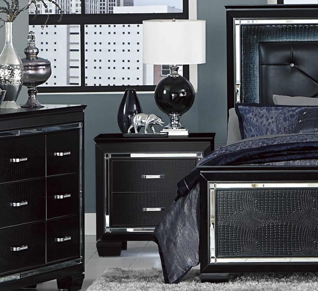 Glamorous Black Finish 3pc Bedroom Set Full Size Bed and Nightstands LED Lighting Tufted Headboard Modern Glam Style