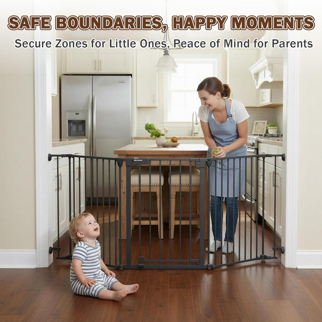 Mumeasy 126' Extra Wide Baby Gate for Doorways, Stairs & Fireplace, Auto Close Safety Dog & Pet Gate with Walk Thru Door, Childproof Fence for Hallway Kitchen House Indoor Outdoor,5 Metal Panels,Black