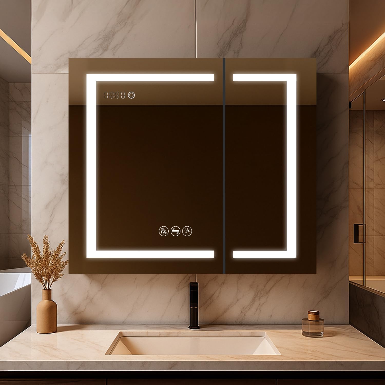 Blossom 36 Inch Recessed LED Medicine Cabinet with 3X Makeup Mirror - Smart Lighted Mirror with Outlets & USB Port - Fogless Bathroom Storage - Blum 170° Soft-Close Doors - Copper-Free Silver