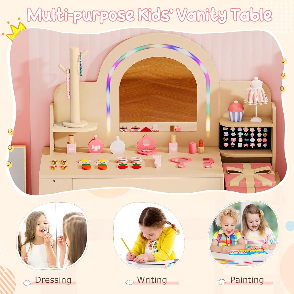 Costzon Kids Vanity, Girls Vanity Set with Lighted Mirror, Bookshelf, Jewelry Storage, Toddler Makeup Vanity Desk Dressing Table, Wooden Kids Vanity Table and Chair Set (Natural)