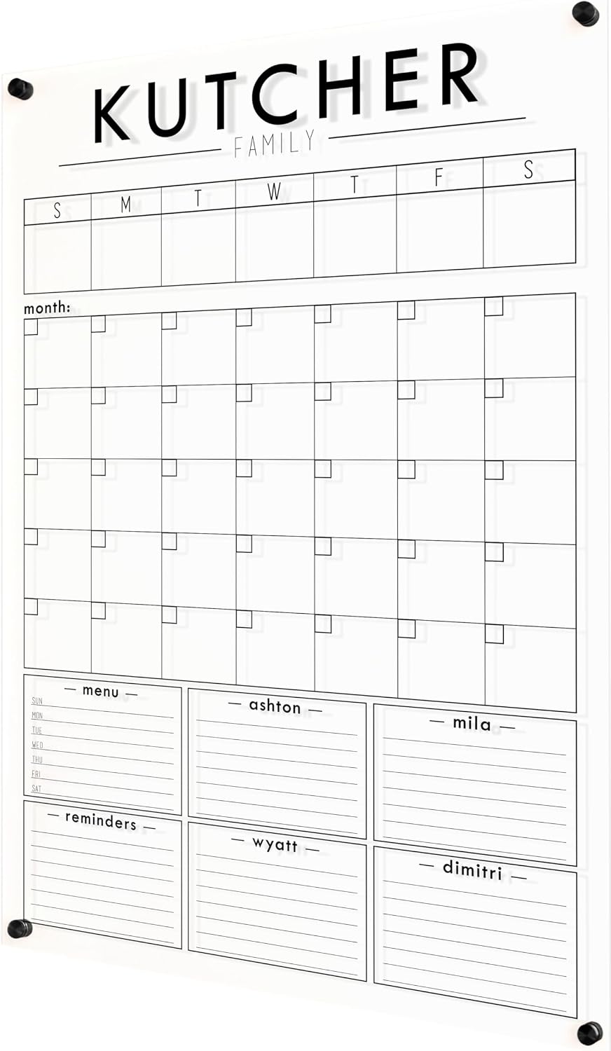 Circle & Square Personalized Clear Acrylic Calendar for Wall, Month & Week Planner Whiteboard, Dry Erase Family Planner, Wall Calendar Organizer System for Home (26' Wx38 H, Vertical, Black)