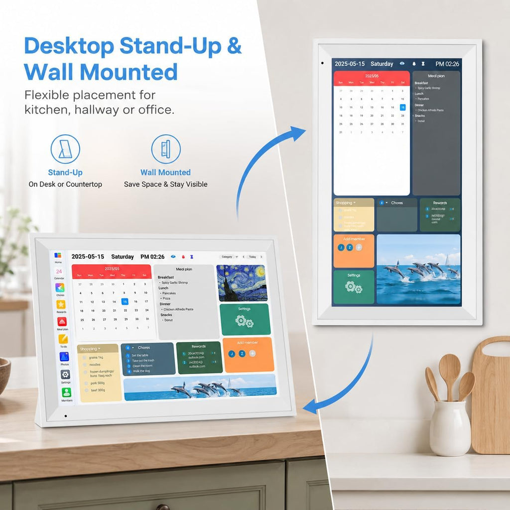15.6' Smart Family Calendar Wall Display, Touchscreen Digital Planner with Chore Chart & WiFi Sync, Interactive Home Organizer for Schedules, Tasks & Meal Planning