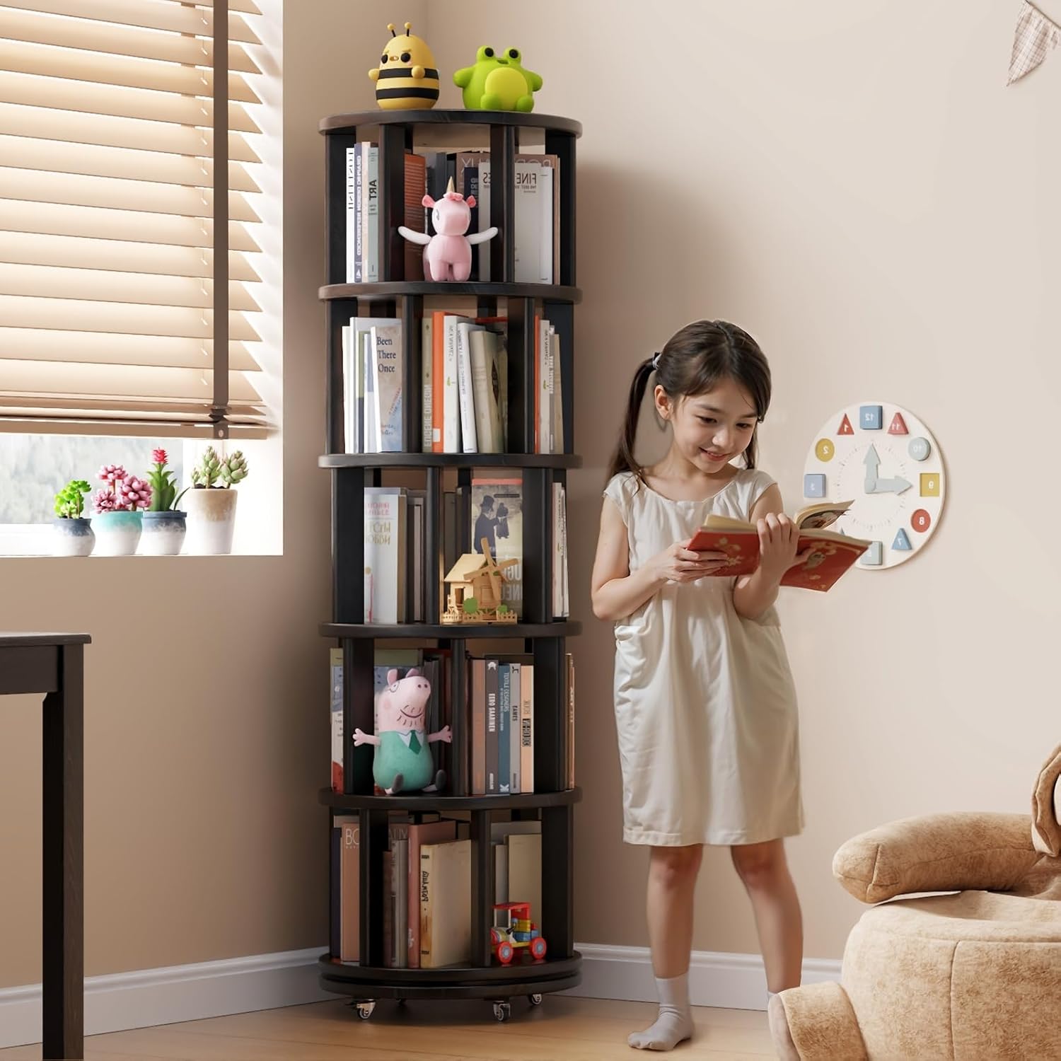 Muwuele Solid Wood Rotating Bookshelf on Wheels, 5 Tier, Round Revolving Bookcase, 360° Spinning Book Shelf Tower for Kids, Narrow Rolling Bookshelves for Small Space, Corner, Bedroom, Office, Black