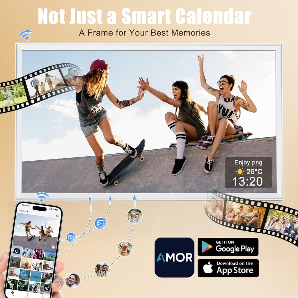 Digital Calendar 32' Smart Touchscreen Electronic Calendar with Family Chore To-do Organizer & Reward System, Dual Mode Smart Calendars & Photo Frame, Wall Mount, 1080P HD Display (White, 32-inch)