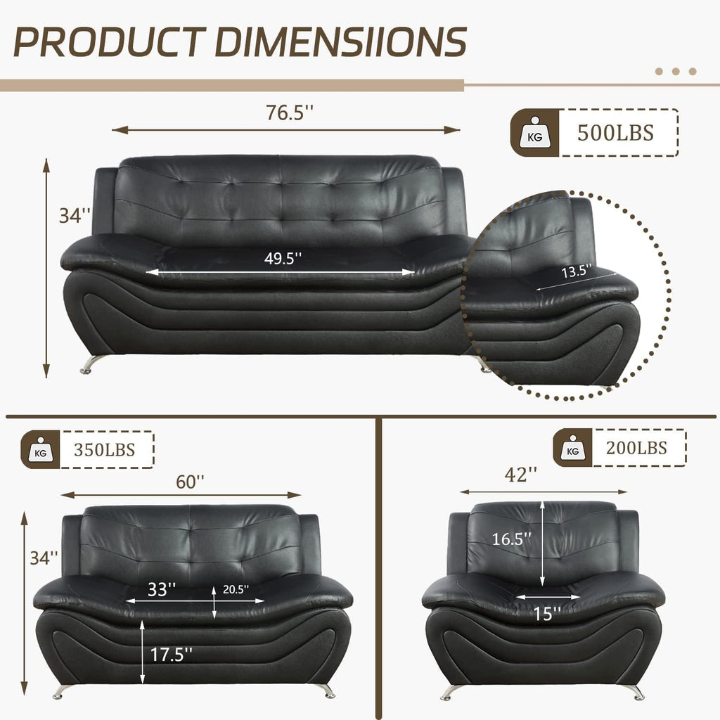 Contemporary Living Room Furniture Set, Vegan Leather Sofa Set for Living Room/House/Bedroom/Office/Apartment (Black, Sofa;Love;Chair)