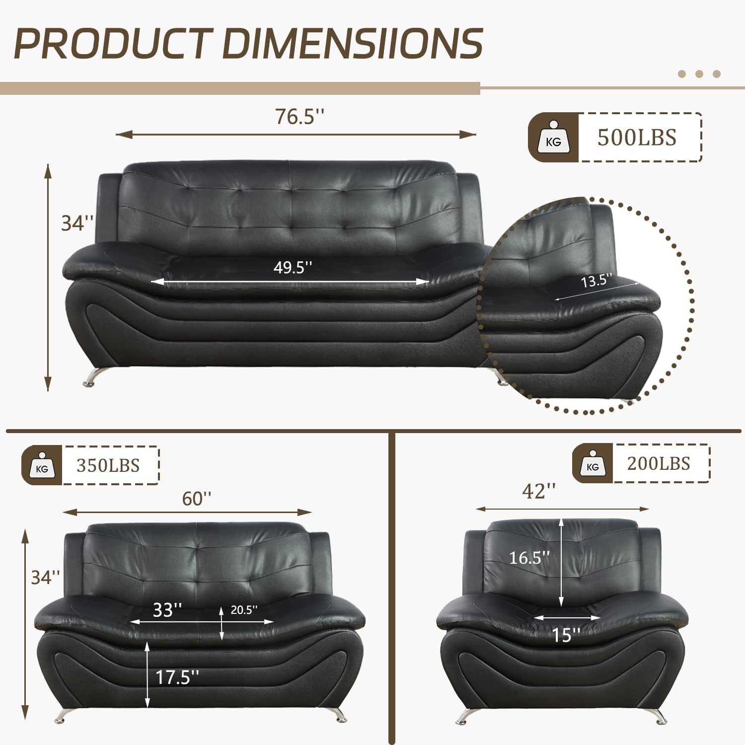 Contemporary Living Room Furniture Set, Vegan Leather Sofa Set for Living Room/House/Bedroom/Office/Apartment (Black, Sofa;Love;Chair)