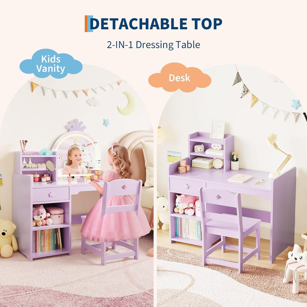 Garvee Kids Vanity with Lights, 2 in 1 Princess Makeup Vanity Desk Toddler Vanity Table & Chair Set with Open Bookshelf, Storage Cabinet & Shelves for Little Girls, Purple