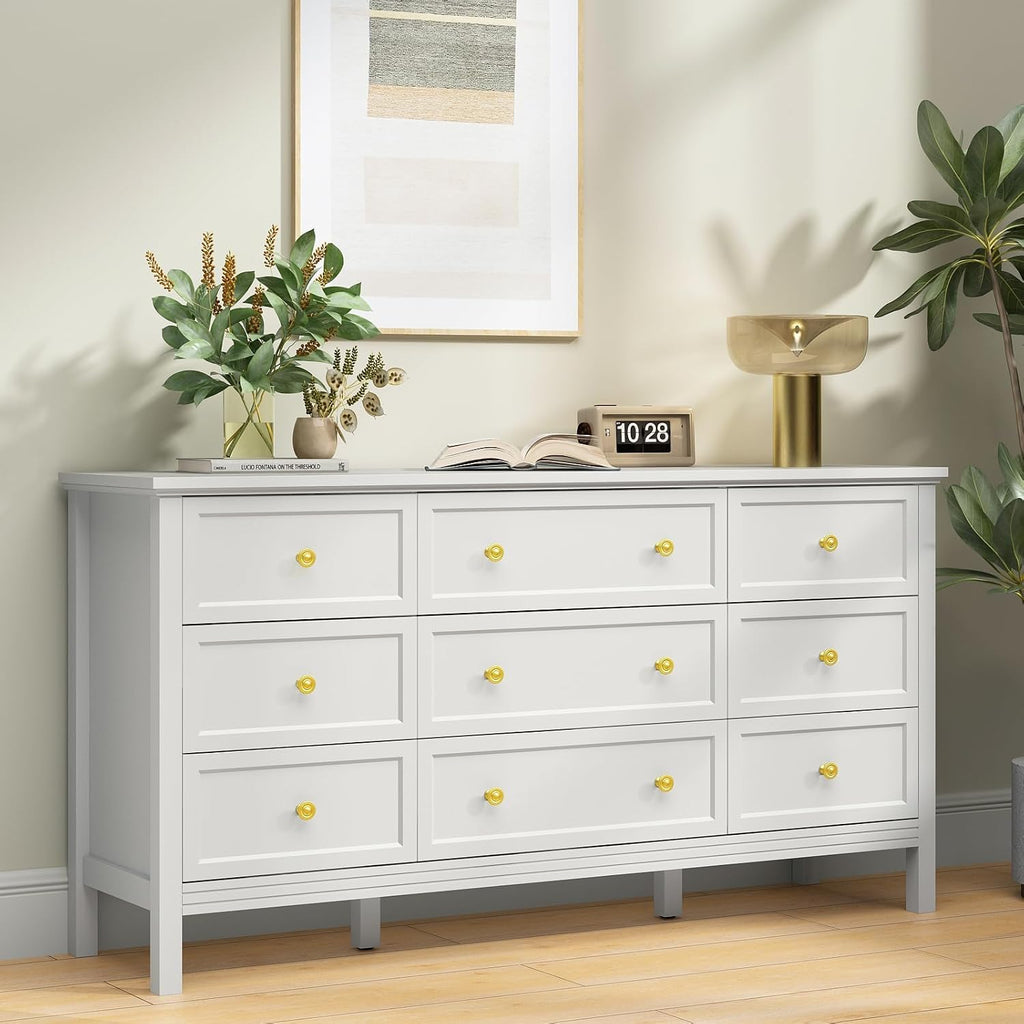 CARPETNAL 9 Drawer White Dresser for Bedroom with Deep Drawers, Large Dressers & Chest of Drawers With Gold Handle, Modern Long Dressers for Closet Bedroom, Living Room (59.25' W x 15.75' D x 30.9' H)