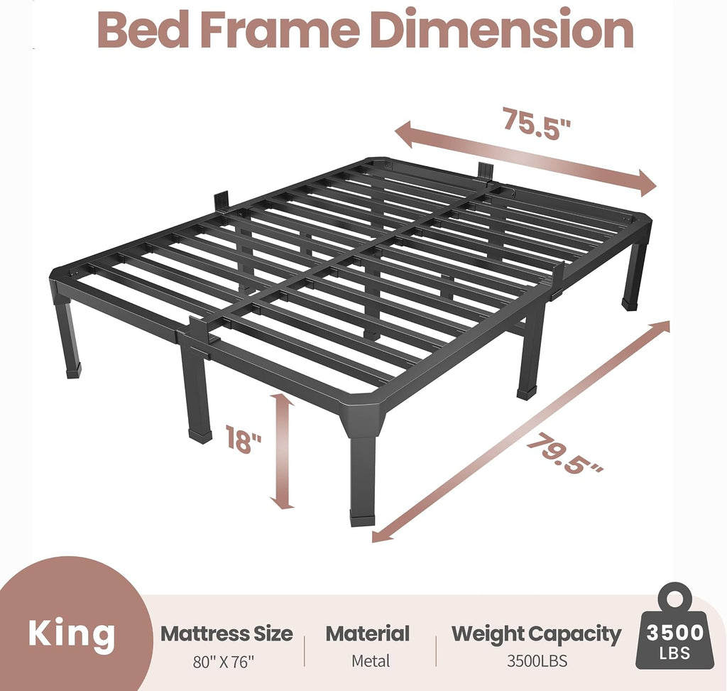 ROIL 18 Inch King Size Bed Frame with Mattress Slide Stopper - Double Black Basic Anti Squeak Steel Slats Metal Platform, Heavy Duty Noise Free Easy Assembly Bedframes, No Box Spring Needed
