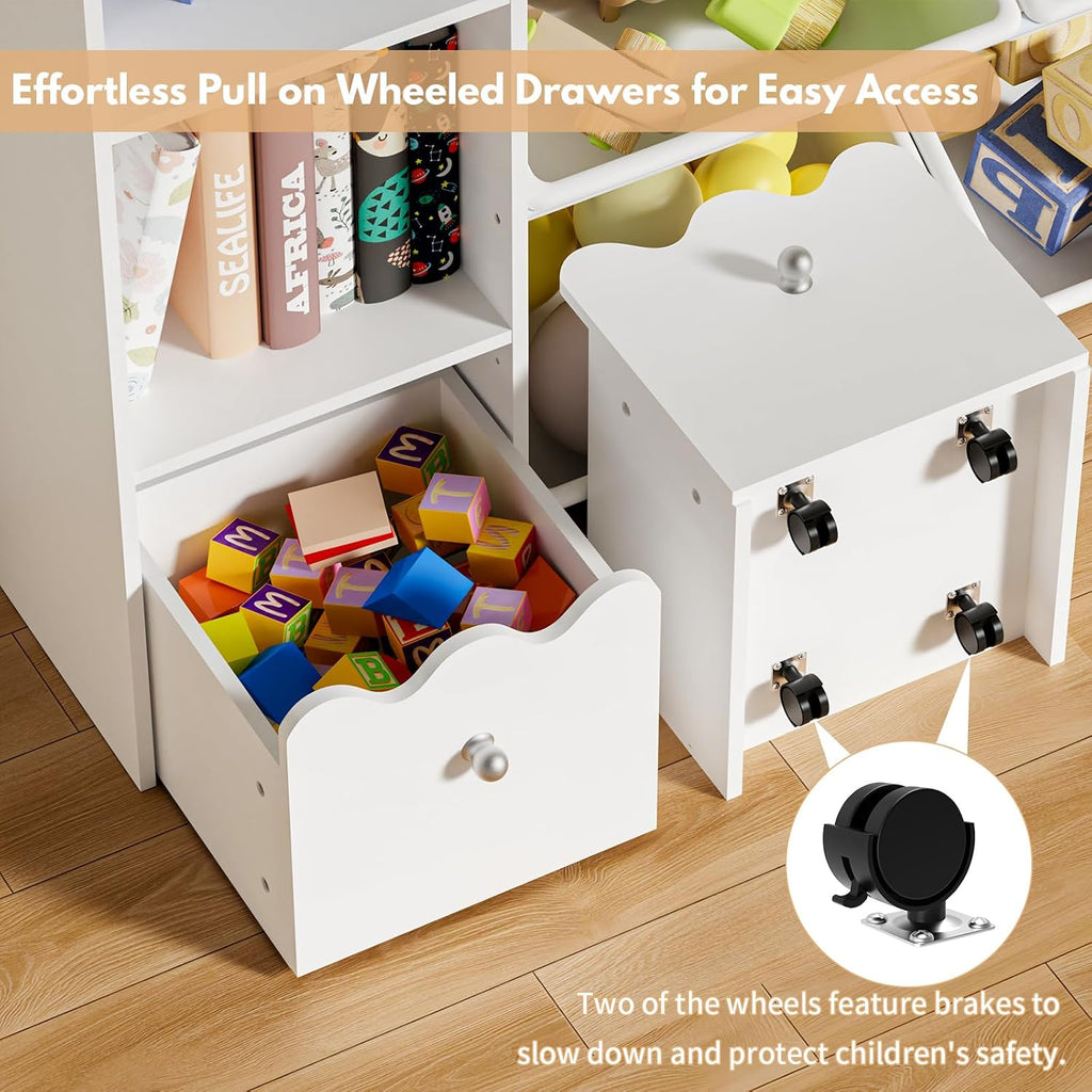 HOMMPA 55' W Kids Toy Storage Organizer with 2 Movable Drawer 4-Tier Bookshelf for Kids Children's Organizer Cabinet with 8 Toy Bins for Playrooms, Classroom and Nurseries,White