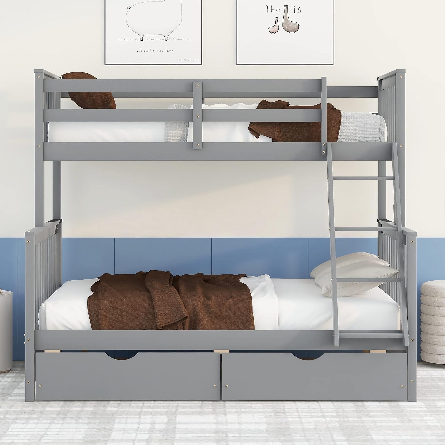 Twin Over Full Bunk Bed with Two Storage Drawers, Solid Wood Bunk Bed Frame Can be Converted Into 2 Separate Beds, Bedroom Furniture Bunk Bed with Ladders for Kids Teens Adults (Gray)