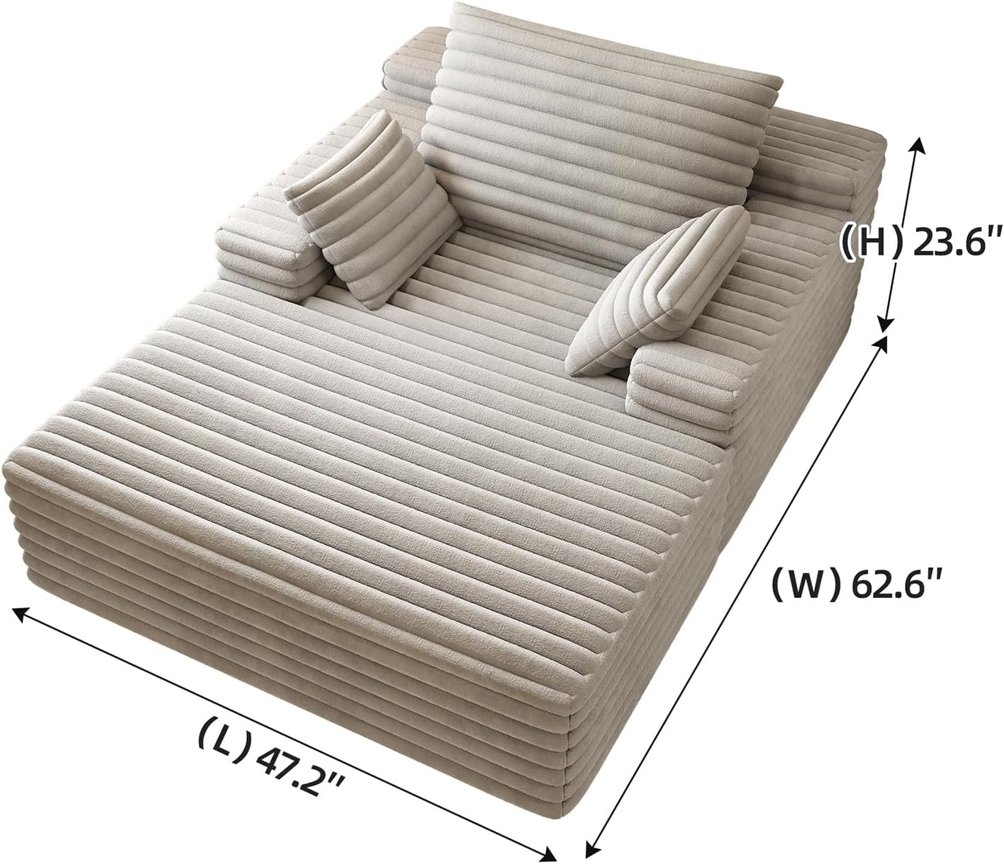 Oversized Chaise Lounge Chair Indoor, 62.6' Cloud Boneless Sleeper Couch Corduroy Upholstered Sofa Bed Deep Seat Comfy Reading Chair with 3 Pillows for Living Room Bedroom, Grey
